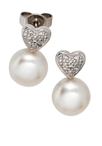 Perlenohrringe »Herz-Ohrringe mit 2 Perlen und 10 Diamanten«