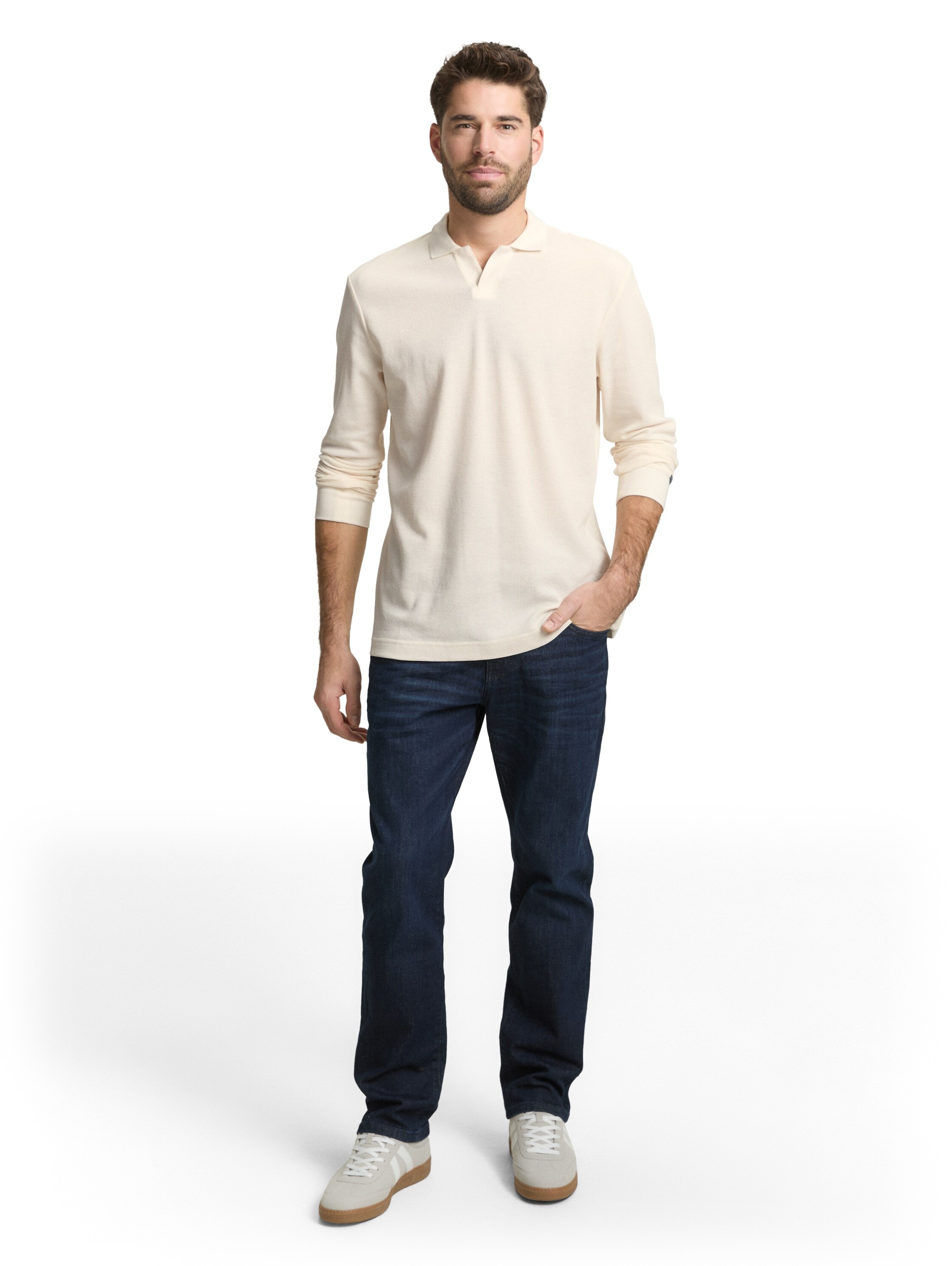 Langarm-Poloshirt TOM TAILOR, Herren, Gr. L, gardenia weiß, Web, Obermaterial: 60% Baumwolle, 40% Polyester, unifarben, regular fit normal, ohne Ausschnitt, Bündchen, Shirts, mit Logo Stickerei 4