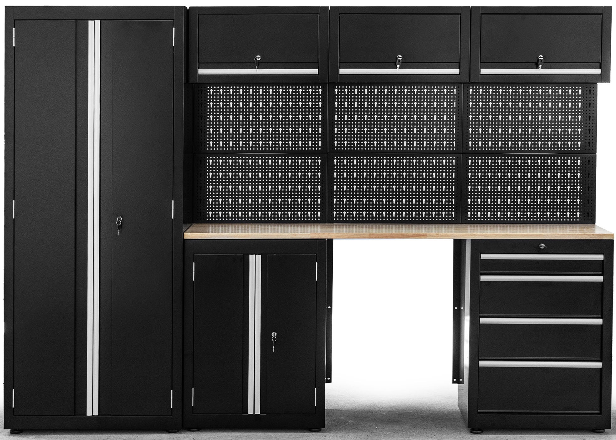 ONDIS24 Werkstatt-Set "Männerküche 260cm, Schwarz", B:260cm H:183cm T:46cmschwarz, Werkbänke, teilvormontiert, viel Stauraum, robuste Fläche, Stahl,