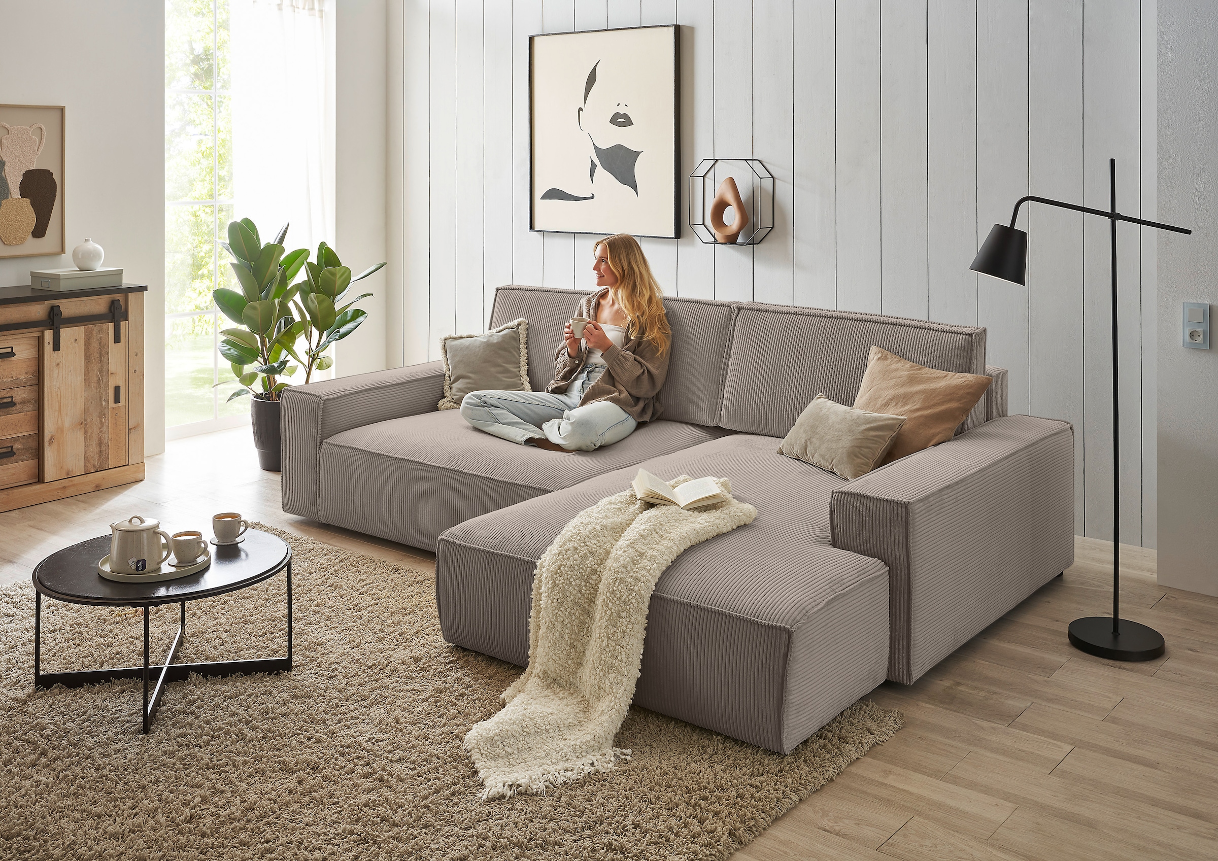 OTTO home Ecksofa »NEU: SHERWOOD XXL 284, Big-Sofa L-Form, tiefe Sitzfläche 95 cm, Cord« Recamiere rechts/links, als Schlafsofa stellbar, Cord u. Leinenoptik