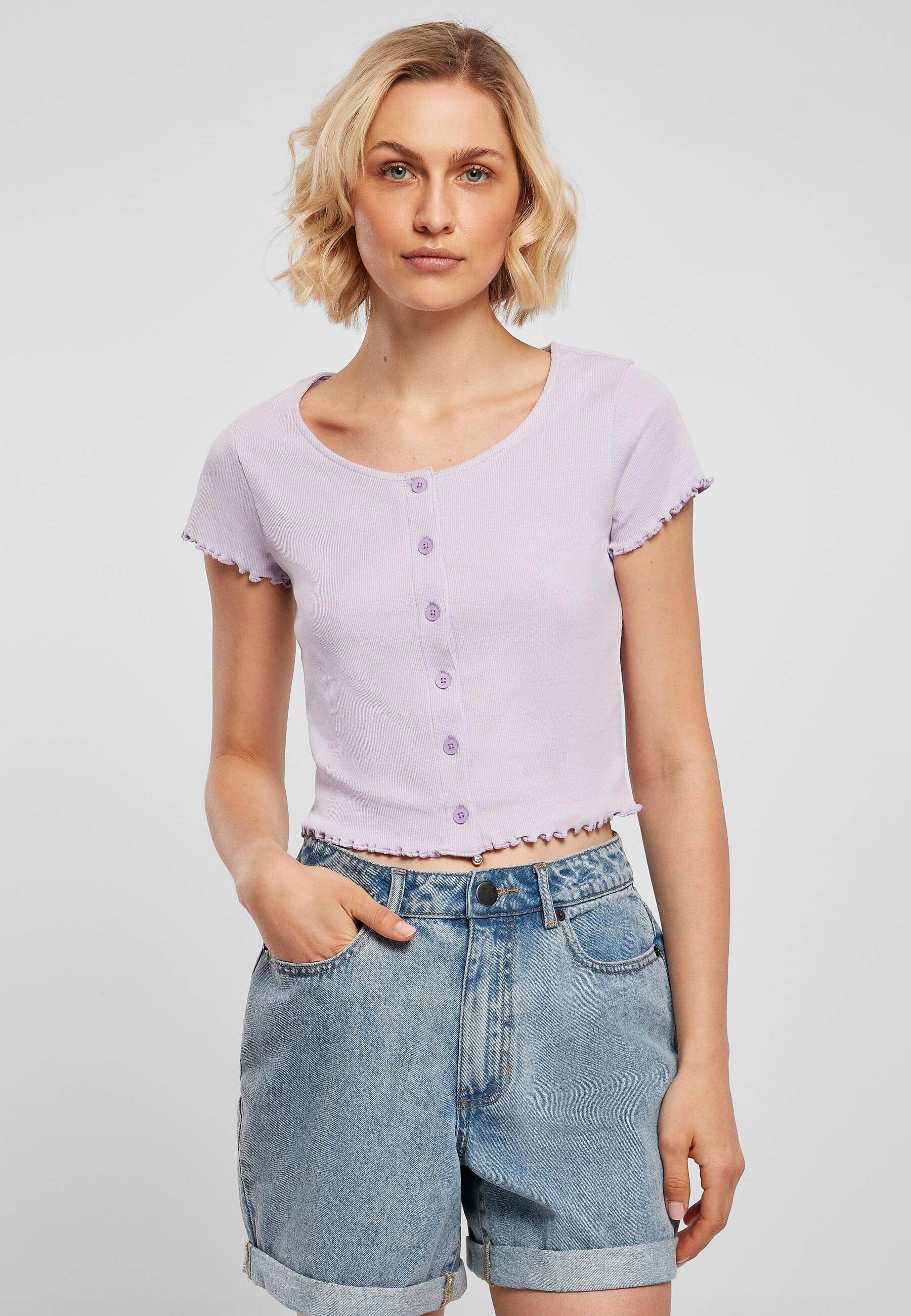 URBAN CLASSICS Kurzarmshirt »Urban Classics Damen Ladies Cropped Button Up Rib Tee«, (1 tlg.)