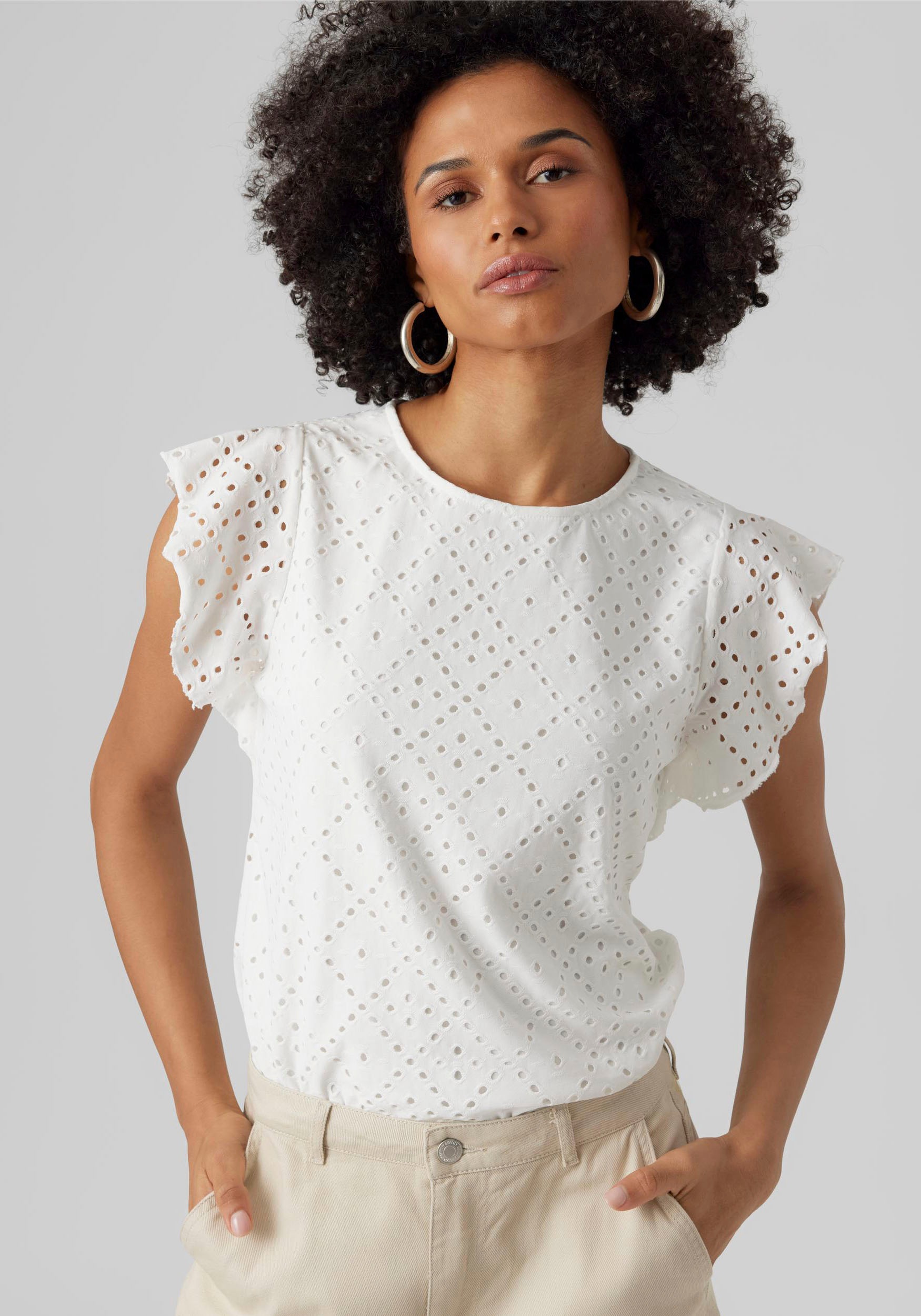 Vero Moda Rundhalsshirt "VMTASSA SL FRILL TOP NOOS" Materialmix, loose fit günstig online kaufen