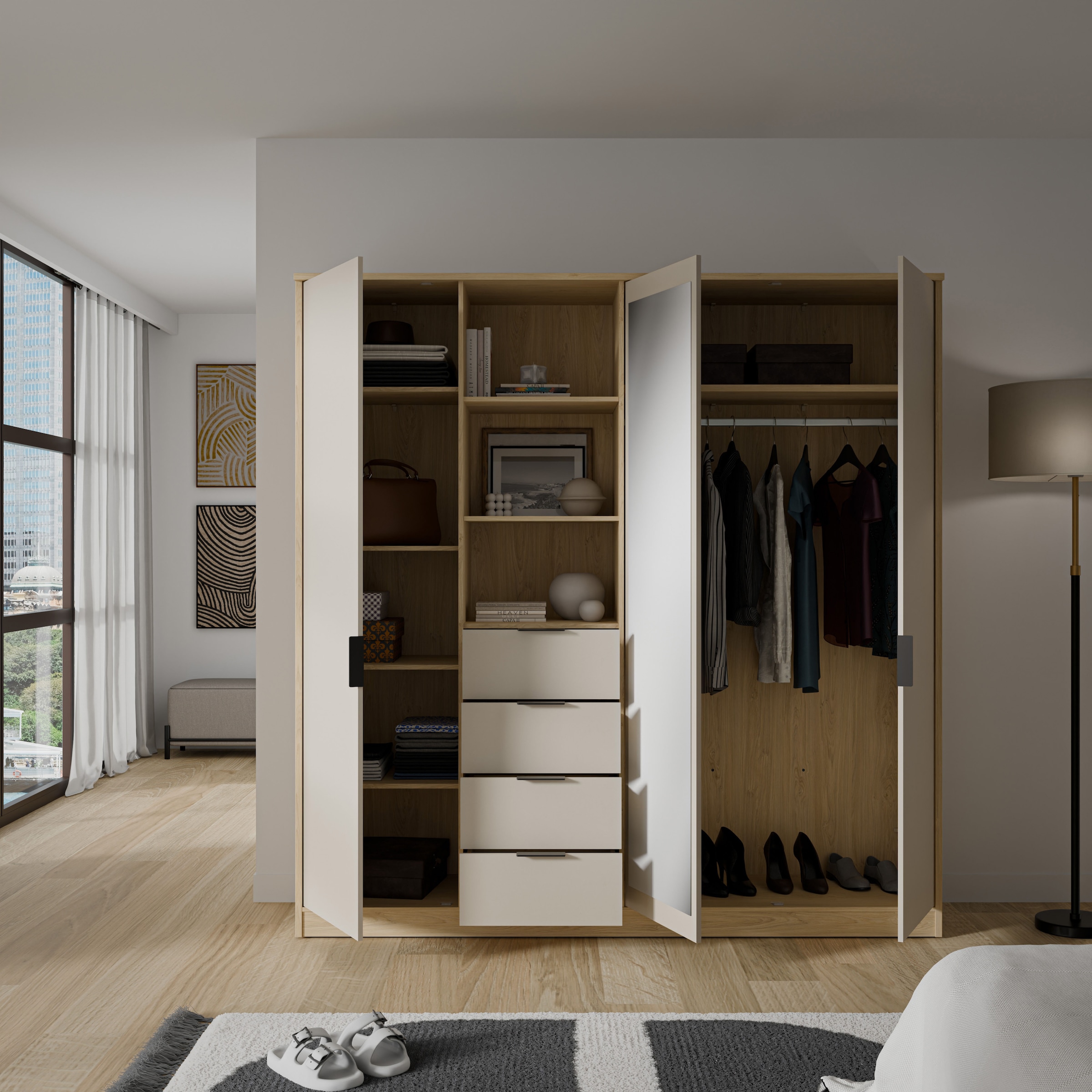 FORTE Kleiderschrank »Forte FORTASTA, 4 Schubladen, offene Ablage« B/H/T 207,5/212,7/52,7 cm, Spiegeltüre