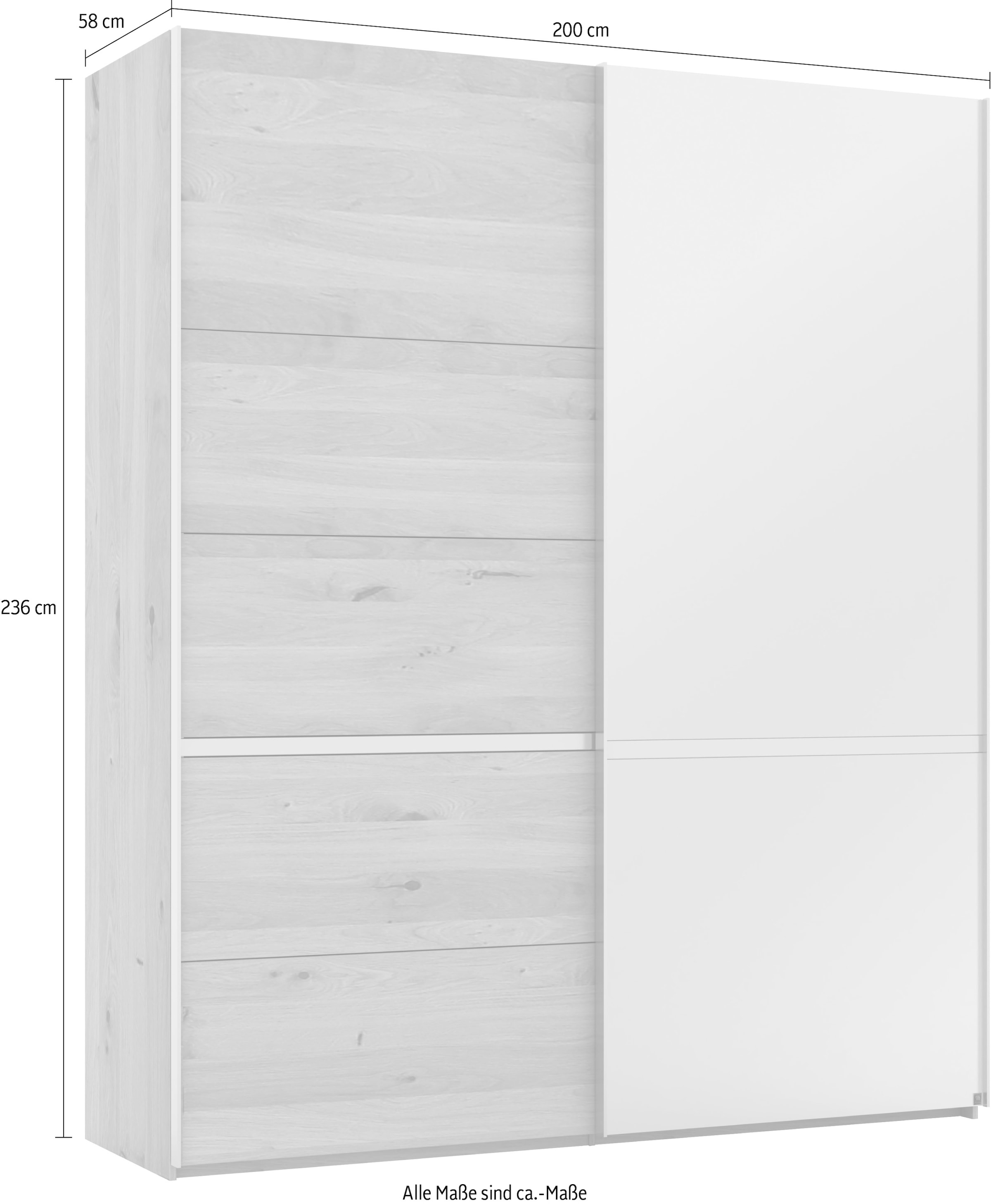 Musterring Schwebetürenschrank »Savona, Kleiderschrank, Schrank, Garderobe, mit Schiebetüren«, (Teilmassiv Bianco-Eiche, mit Spiegel oder Glas, MADE IN GERMANY), Türen Bianco-Eiche massiv, Spiegel-/Glastüren, eingelegte Chromleiste