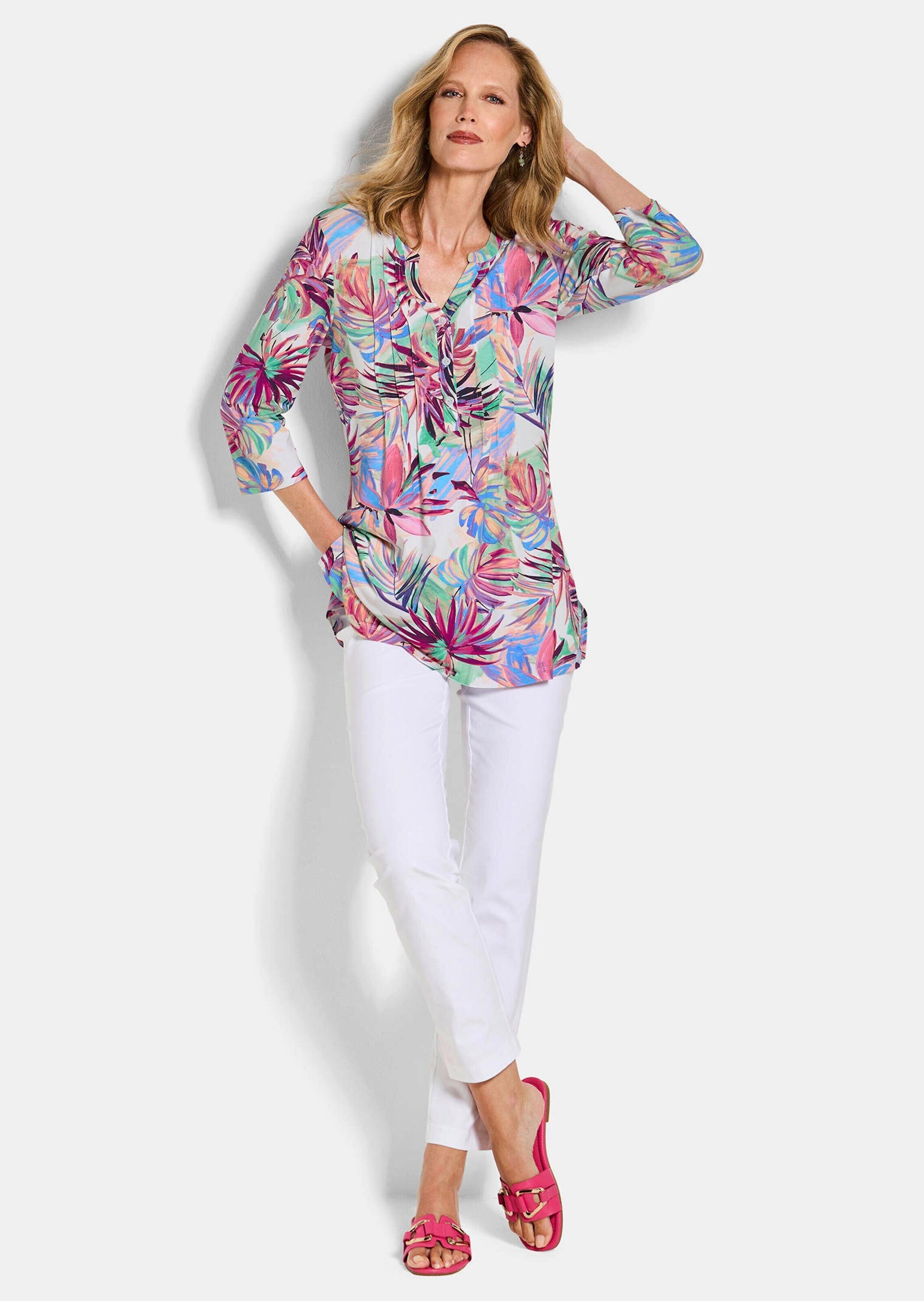 GOLDNER Tunika "Sommertunika mit Palmenmuster" stretchbequemer Viskosejerse günstig online kaufen