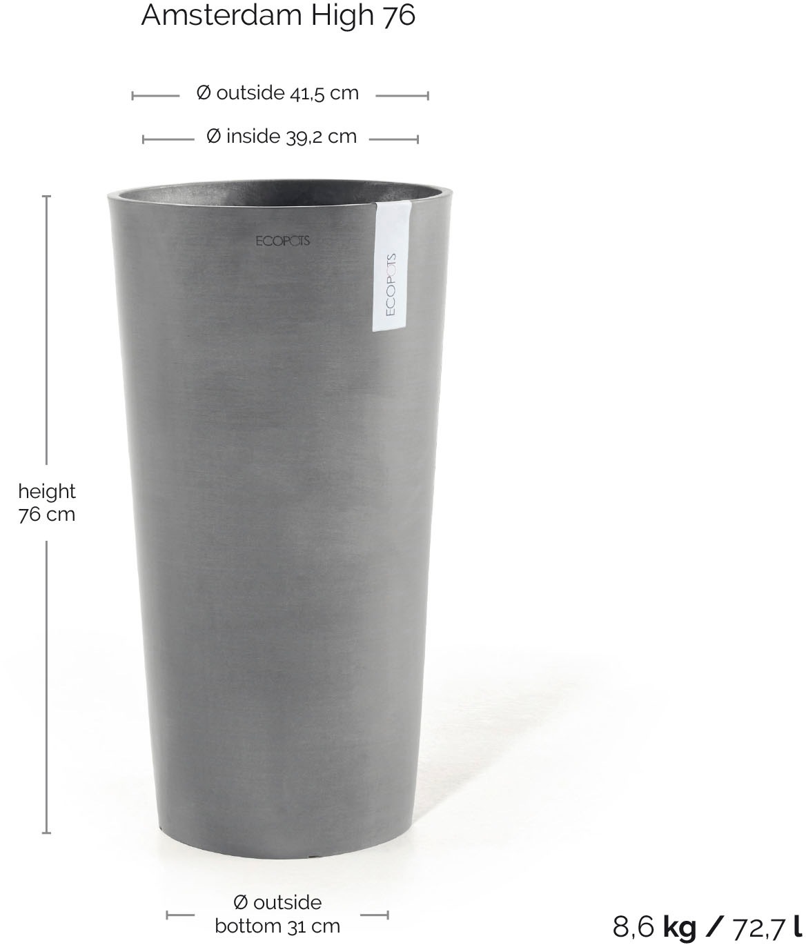 ECOPOTS Blumentopf »AMSTERDAM HIGH Grey« BxTxH: 41x41x76 cm