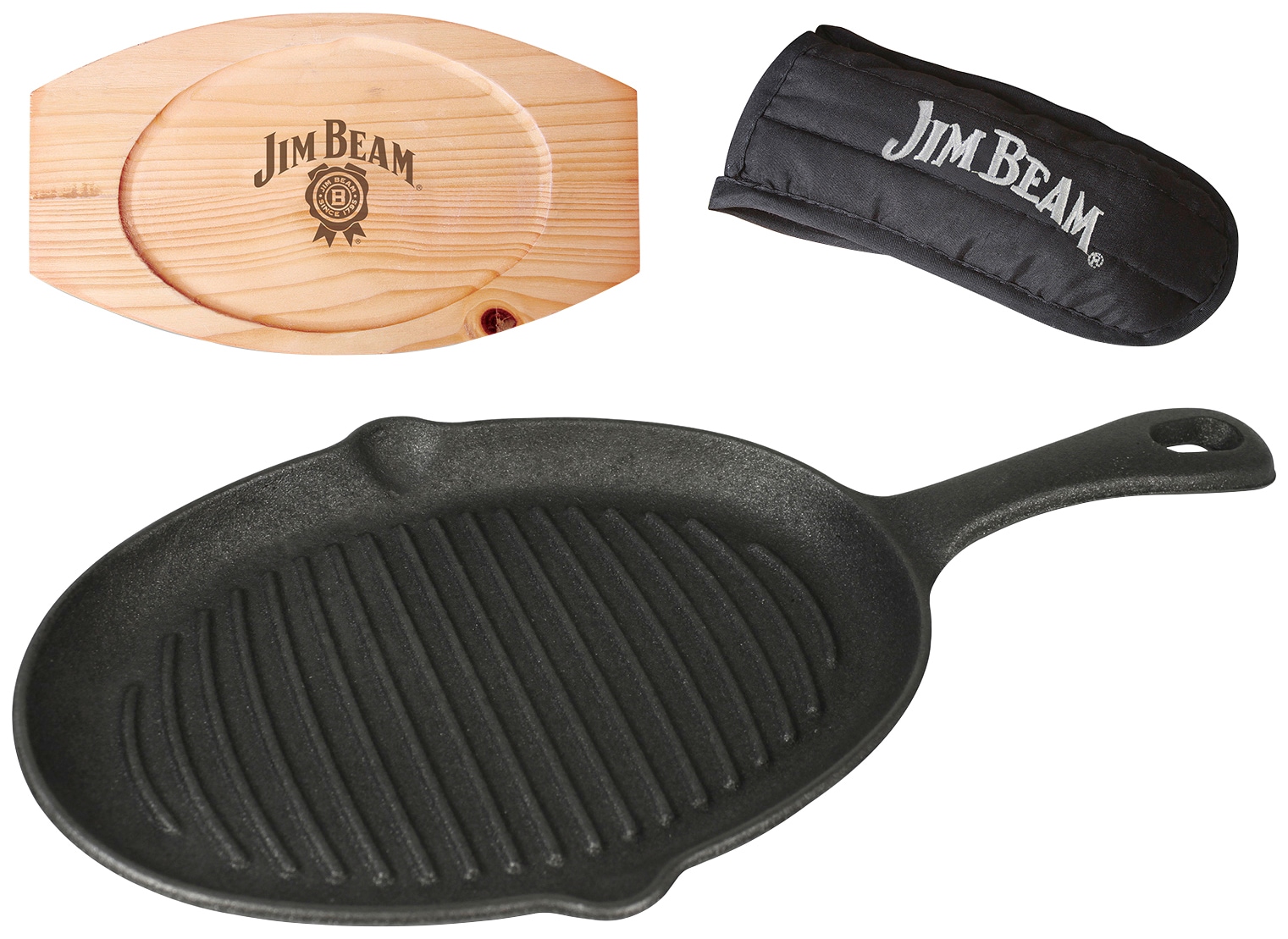 Jim Beam BBQ Grillpfanne, bestellen Stk., 4 BAUR Griffüberzug | und Gusseisen, Holzuntersetzer (Set), inkl