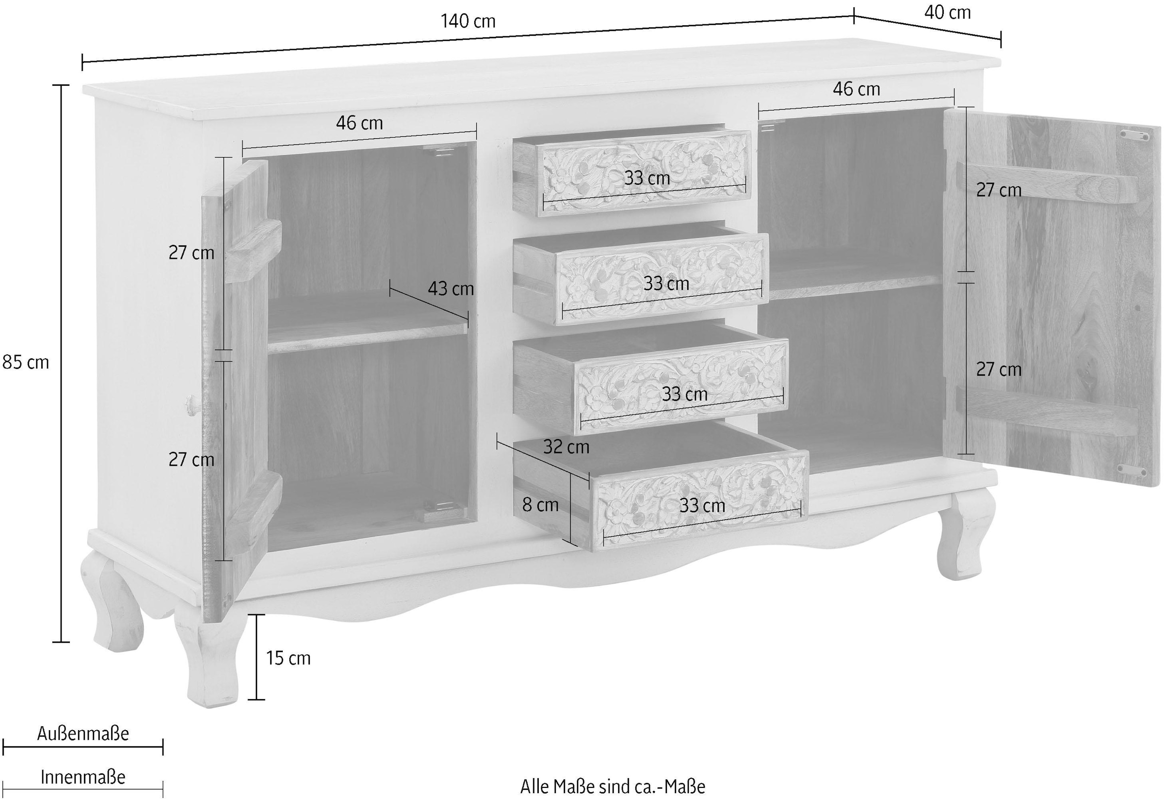 Home affaire Sideboard »Rajat«, Kommode aus Mangoholz mit Türfrontfräsungen, Breite 140 cm
