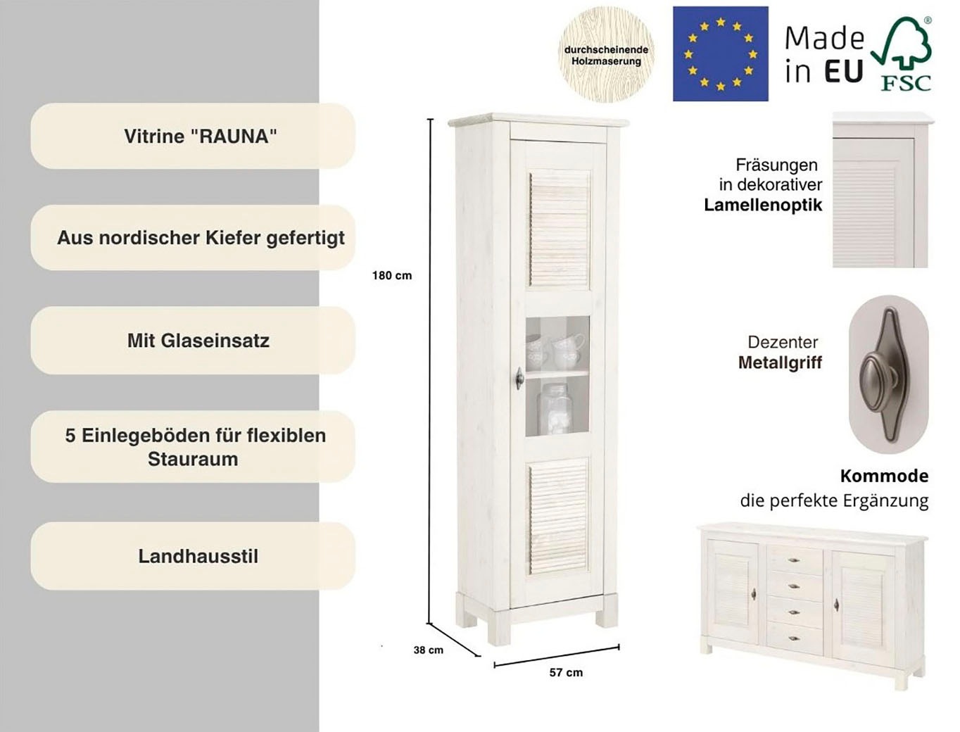 Home affaire Vitrine "Rauna", Höhe 180 cm, aus massiver Kiefer günstig online kaufen