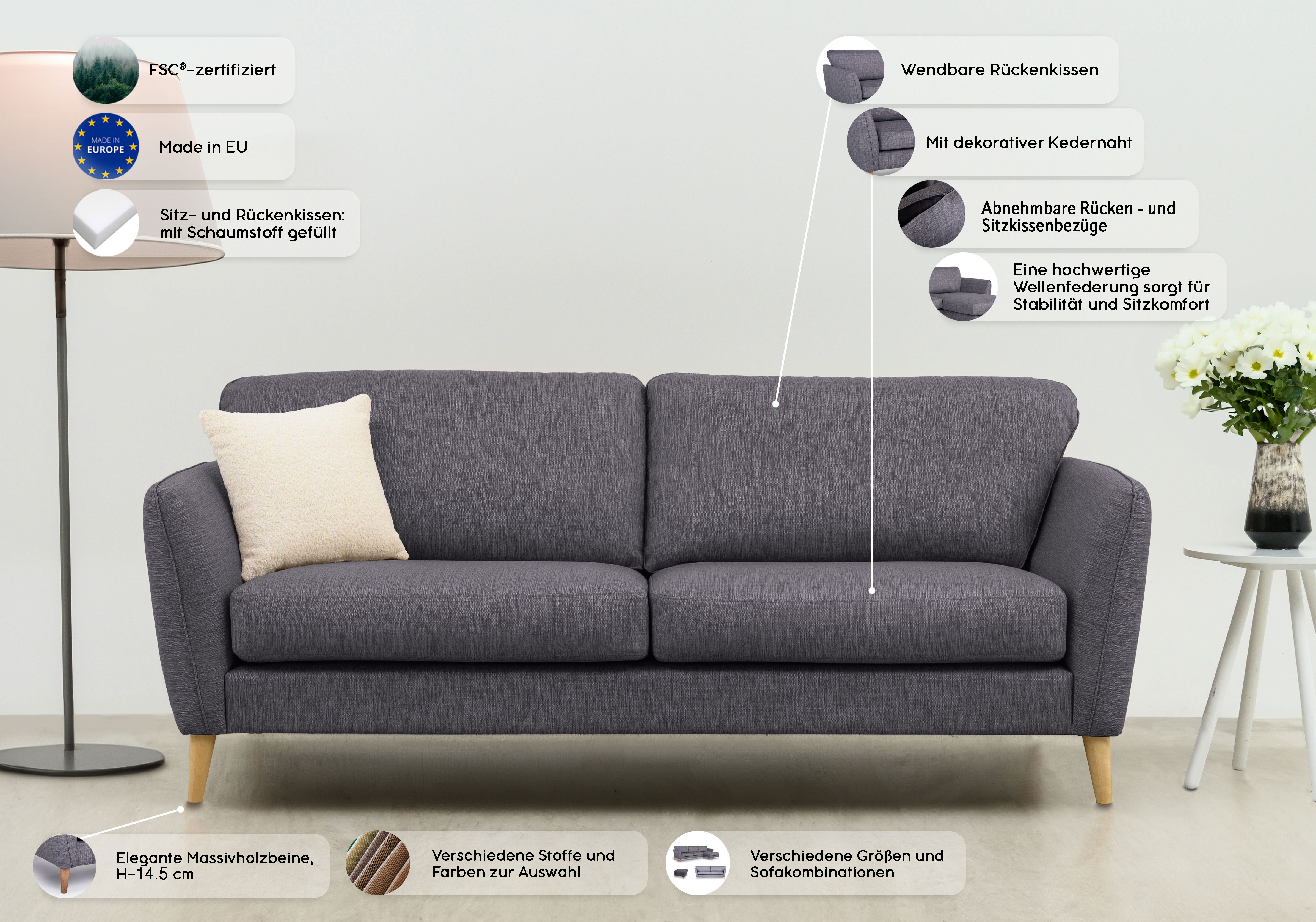 Thumbnail - Home affaire 3-Sitzer "MARSEILLE 3er Sofa 206 cm, Cord, Flachgewebe, Struktur, Webstoff" Massivholzbeine Eiche, Landhaus...