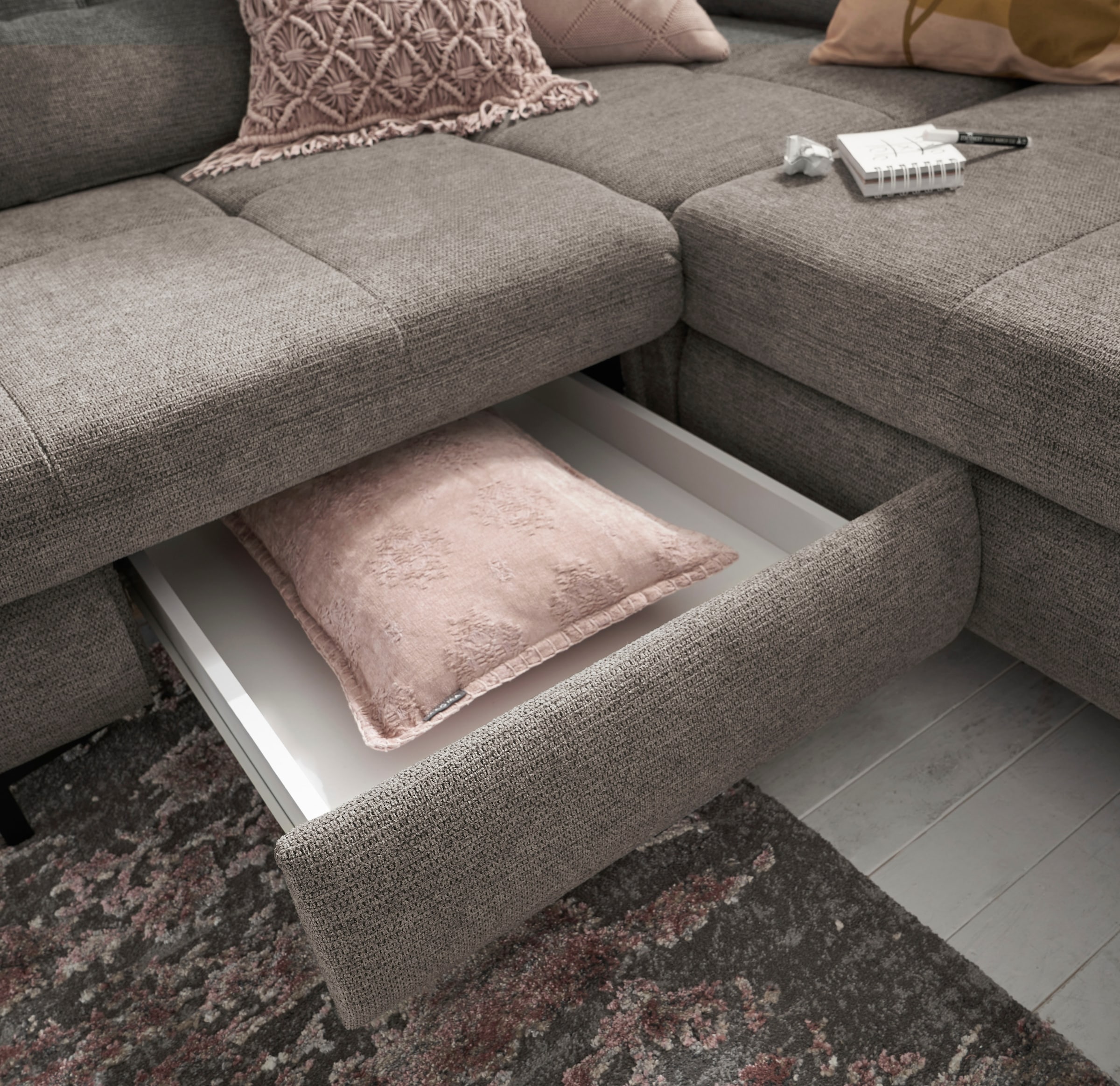 set one by Musterring Ecksofa »SO 3400 Sitzhöhe 47cm oder 49cm, Sitztiefe verstellbar, B/T 317/220 cm«, Kaltschaumpolsterung, Flachgewebe, whlw. mit Funktionen, Sitzhöhe 47