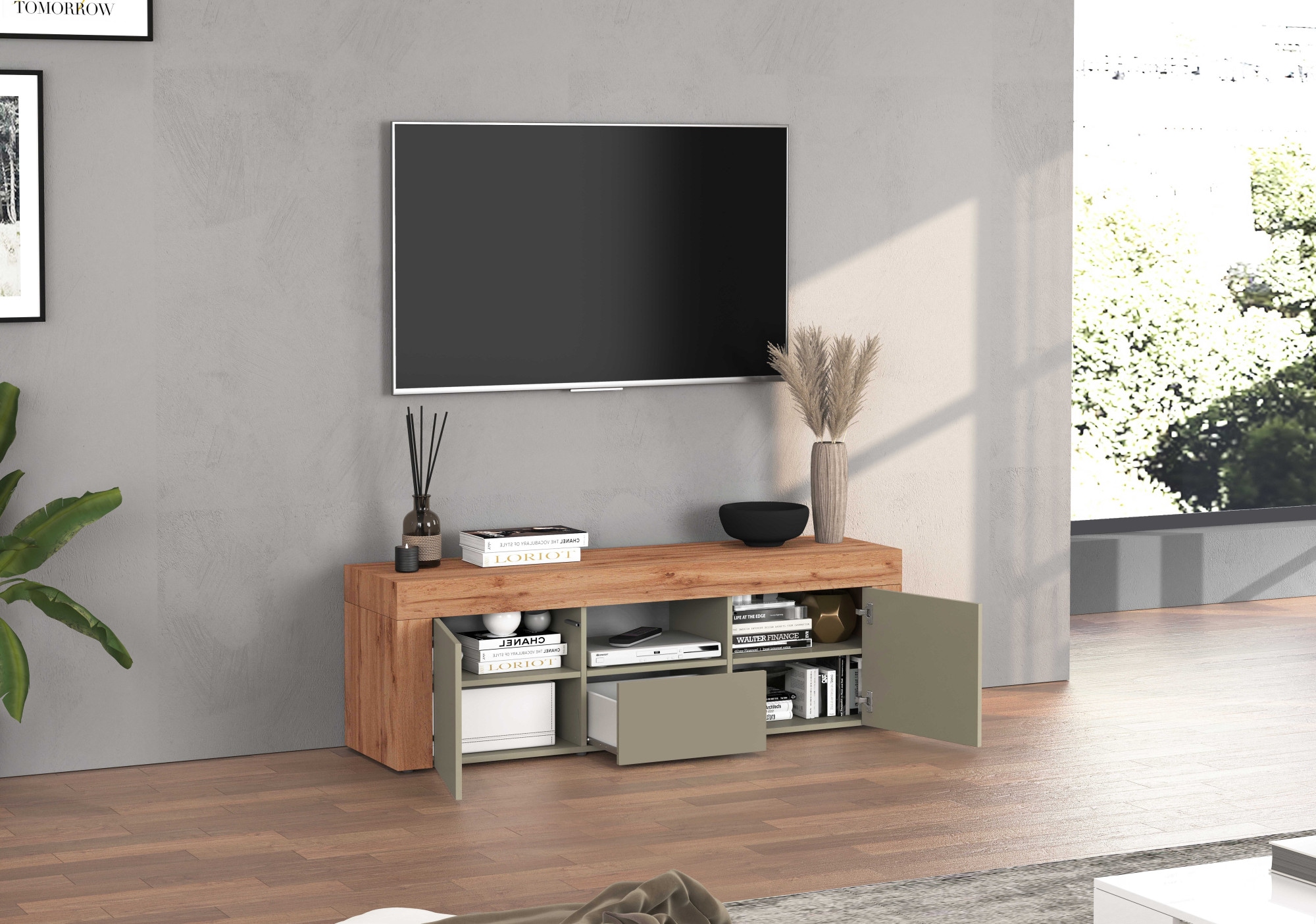 INOSIGN Lowboard »CHRONOS Breite 155 cm mit 2 Türen, 1 Schublade,1 offenes Fach«, (1 St.), TV-Board, Sideboard niedrig, Grifflos mit Push to Open 'Made in Italy'