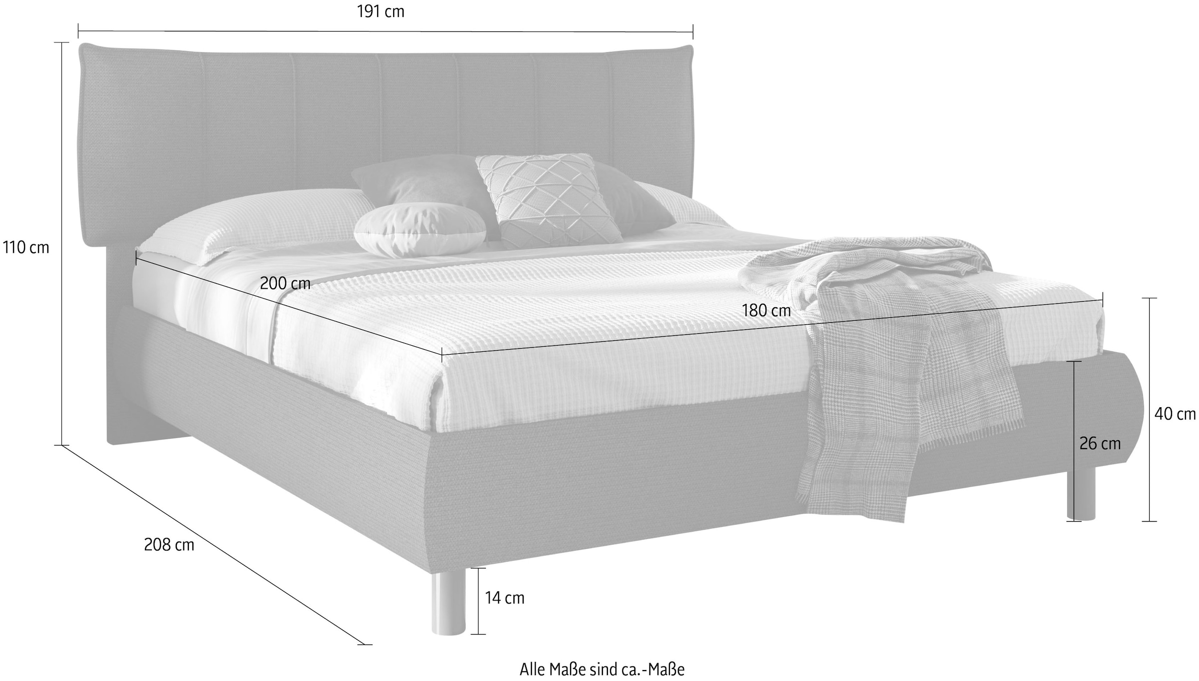 INOSIGN Polsterbett »HUG, Bettgestell Liegefläche 180x200 cm, Doppelbett,«, Kopfteil gepolstert, Bettrahmen gebogen, Stoff Rauchgrau