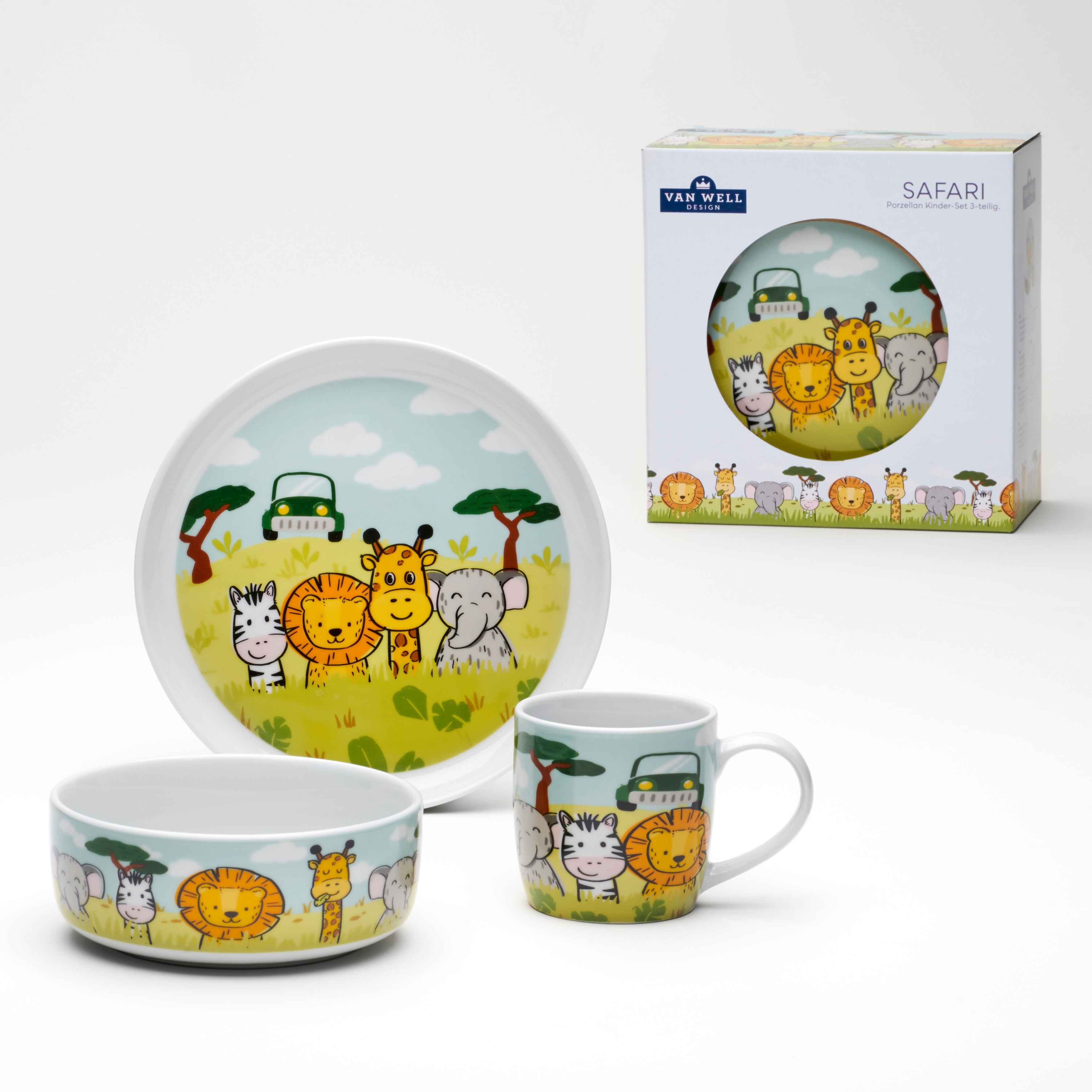 VAN WELL Kindergeschirr-Set "Kinderset Safari, 3-teilig, Geschirr-Set, Service", 3 Stk., bunt, Geschirr-Sets, mit farbenfrohem Dekor, spülmaschinen-