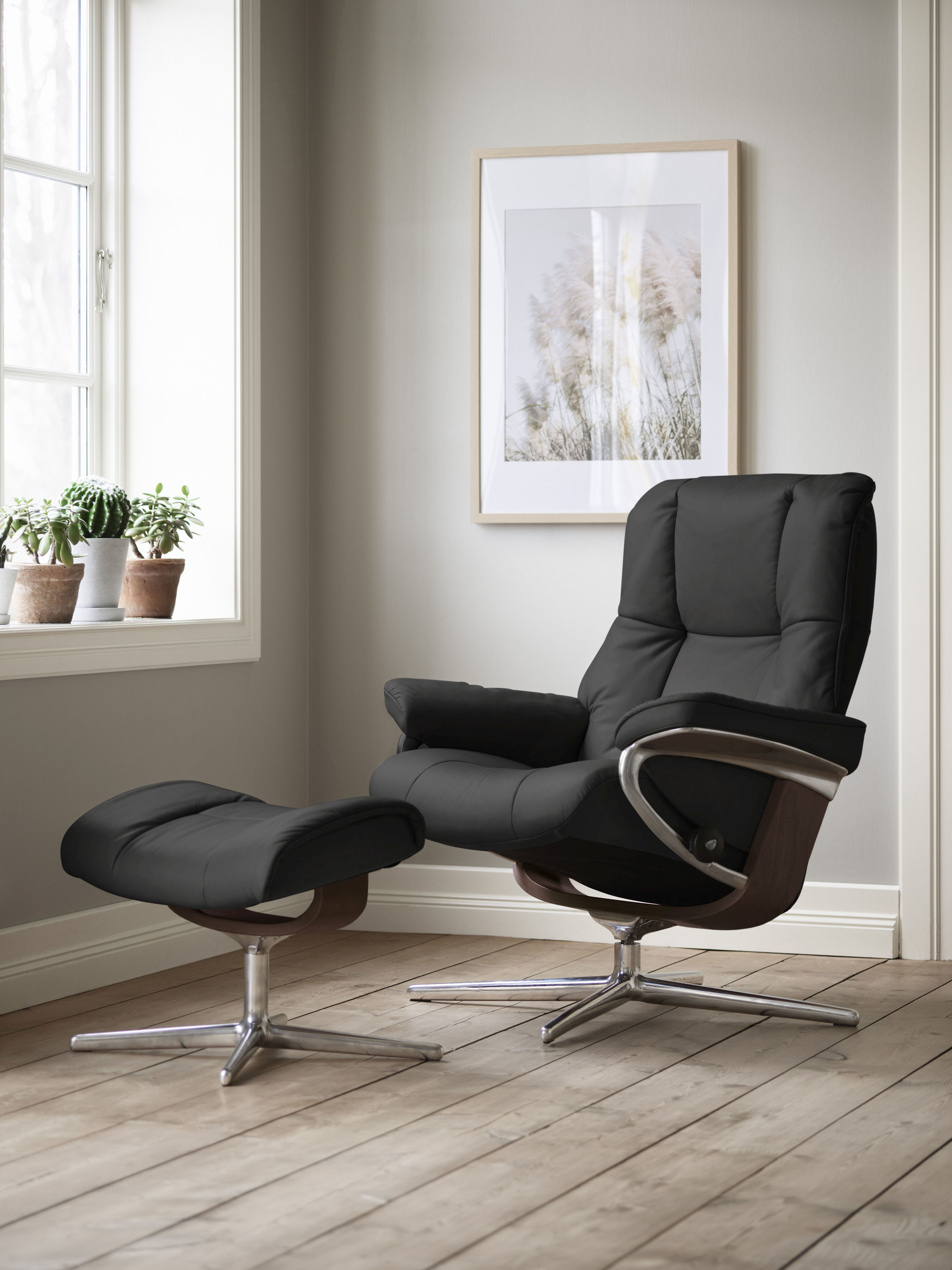 Stressless Relaxsessel "Mayfair" Set, Relaxsessel mit Hocker, mit Hocker, mit Cross Base, Größe S, M & L, Holzakzent Braun