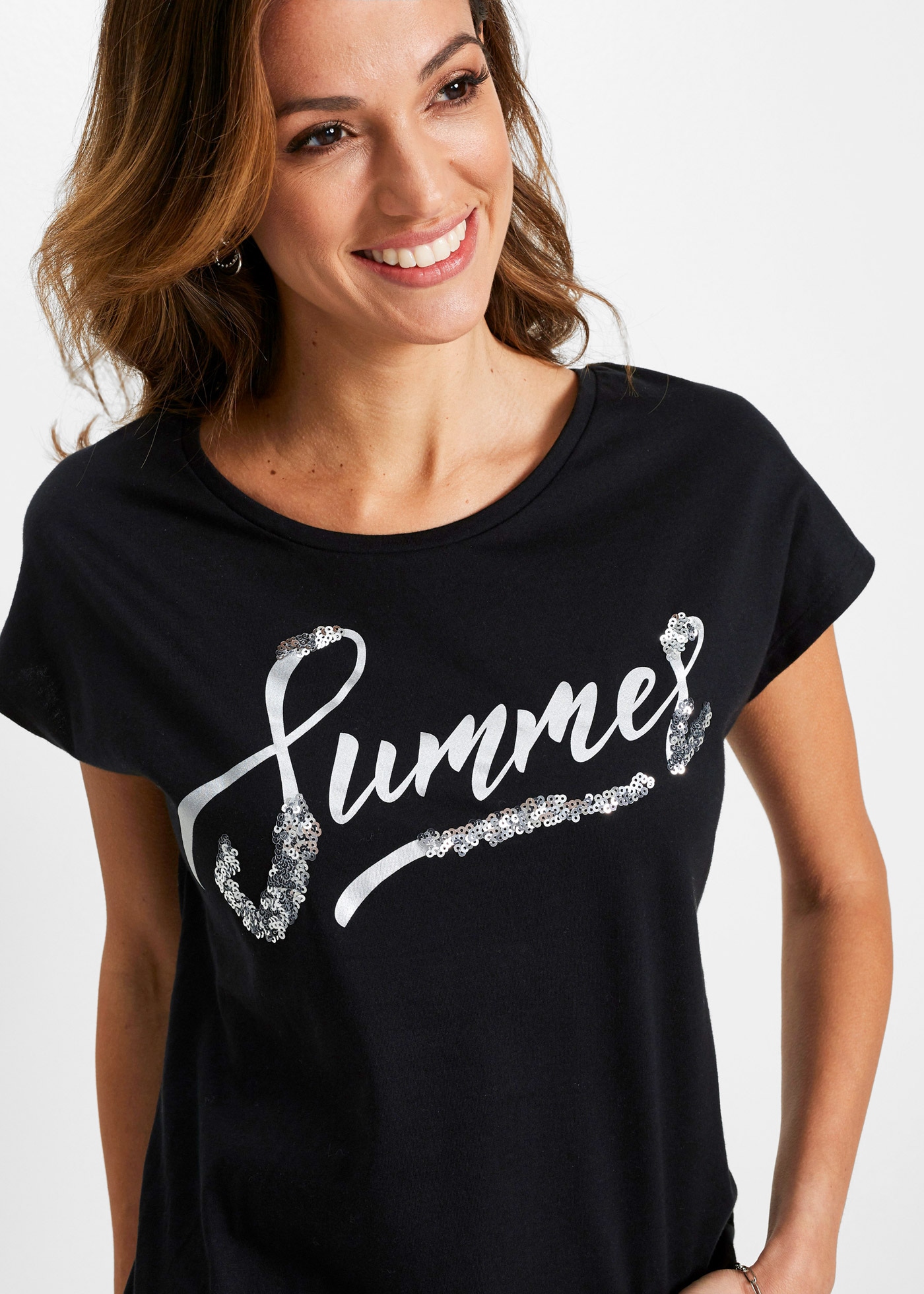 bonprix T-Shirt »Shirt mit Pailletten« lockere Passform, Kurzarm, aus Baumwolle