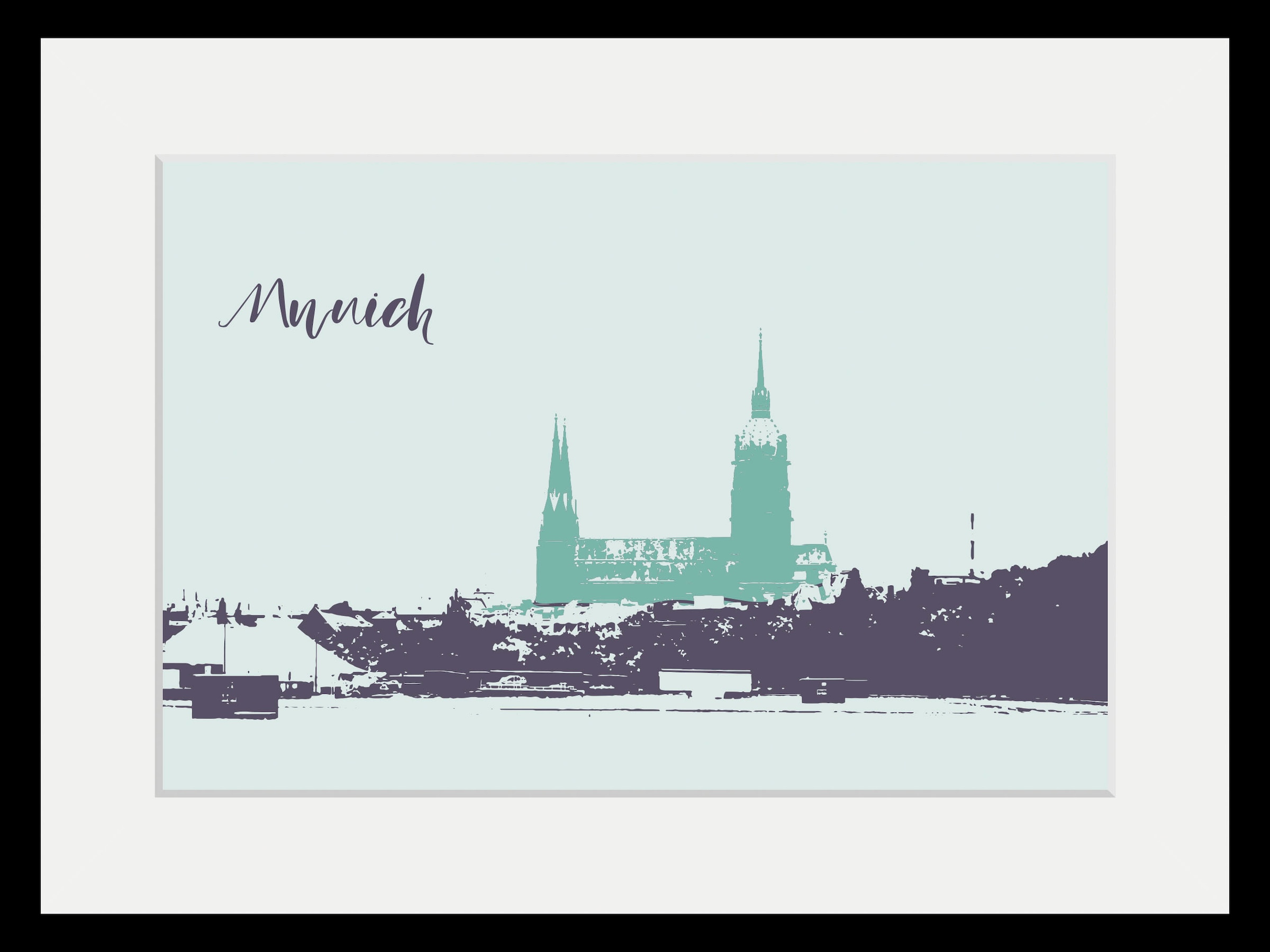 queence Bild »Munich Skizze«, Städte-Schriftzug-Deutschland-Stadt-Gebäude-München, (1 St.), HD Premium Poster-Druck inkl. Holzrahmen