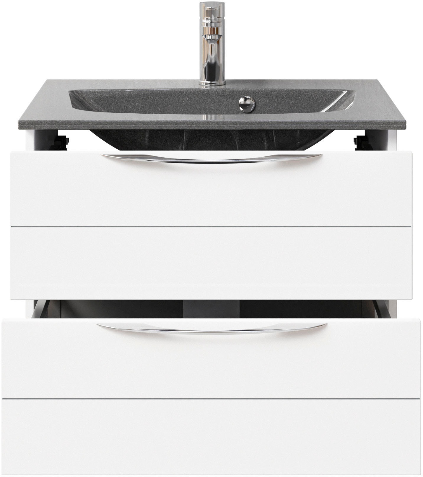 Saphir Badmöbel-Set »Serie 6025 2-teilig Mineralmarmor-Waschtisch mit LED-Spiegelschrank«, (2 St.), Waschplatz 67 cm breit, 2 Schubladen, 2 Spiegel-Türen, inkl Türdämpfer