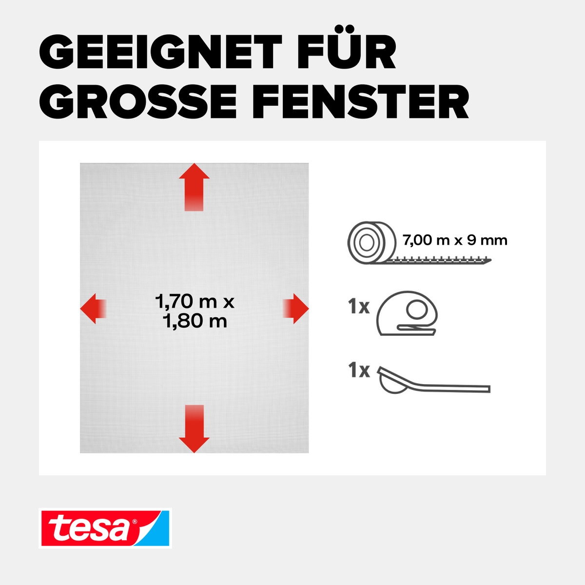 tesa Insektenschutz-Fensterrahmen »Insect Stop Comfort Fliegengitter für Fenster - 1.7 m : 1.8 m«, Insektenschutzgitter - Fliegenetz ohne Bohren - zuschneidbar