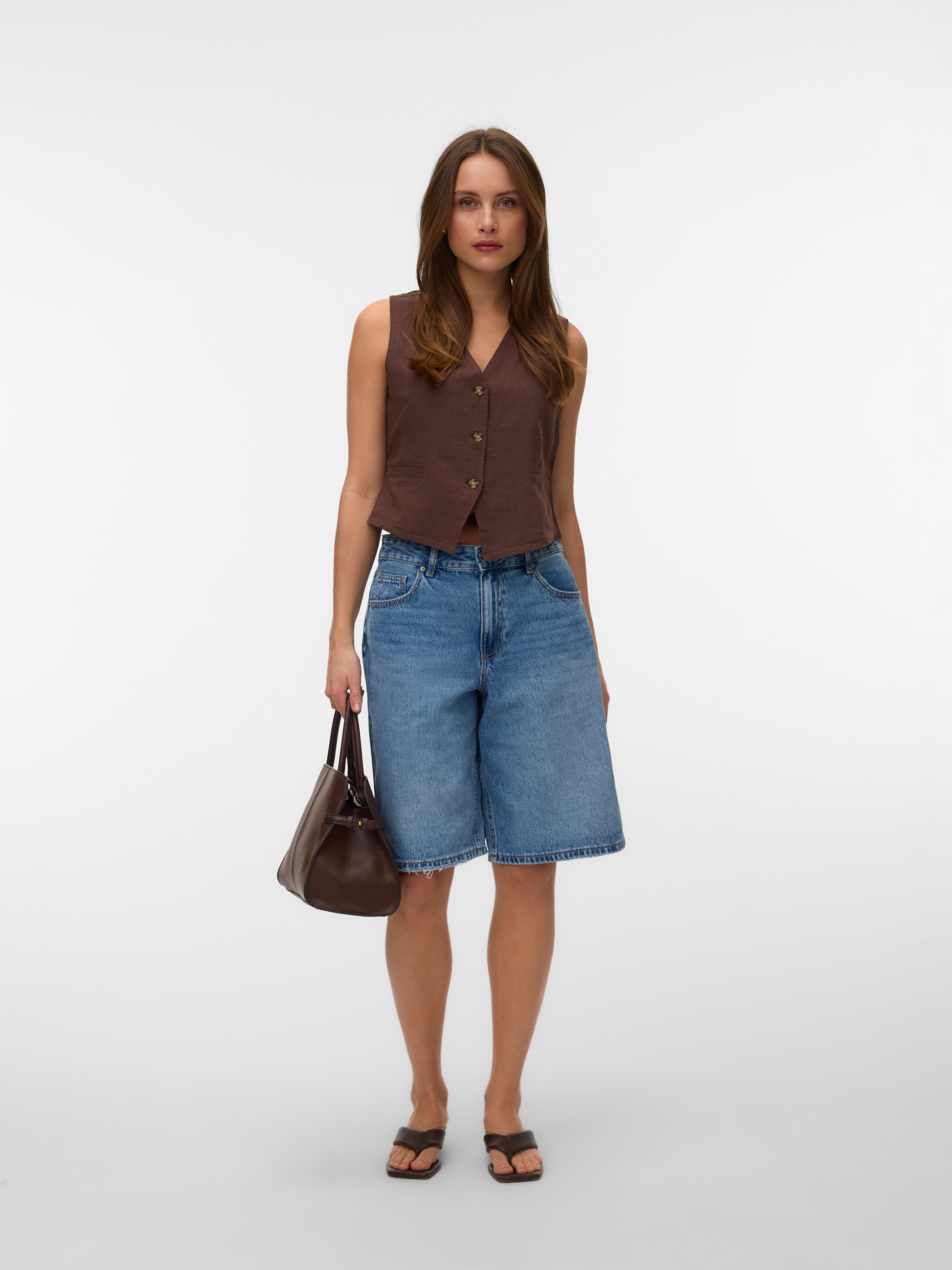 Kurzweste VERO MODA "VMCAIA SL VEST WVN NOOS", Herren, Gr. L, chocolate martini, Web, Obermaterial: 90% Baumwolle, 10% Leinen, unifarben, normal, V-Ausschnitt, Westen, Baumwolle mit Leinen, figurbetonte Form 3