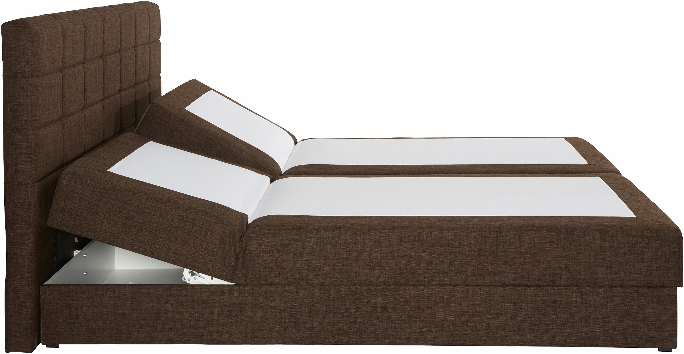Boxspringbett HAPO, braun, Liegefläche B/L: 160cm x 200cm, kein Härtegrad, 7-Zonen-Kaltschaummatratze, Das Bett ist mit pflegeleichtem Feinstrukturstoff in Leinenoptik (100% Polyester) bezogen.;Die Oberseite der Unterfederung und die Ober- und Unterseite  3