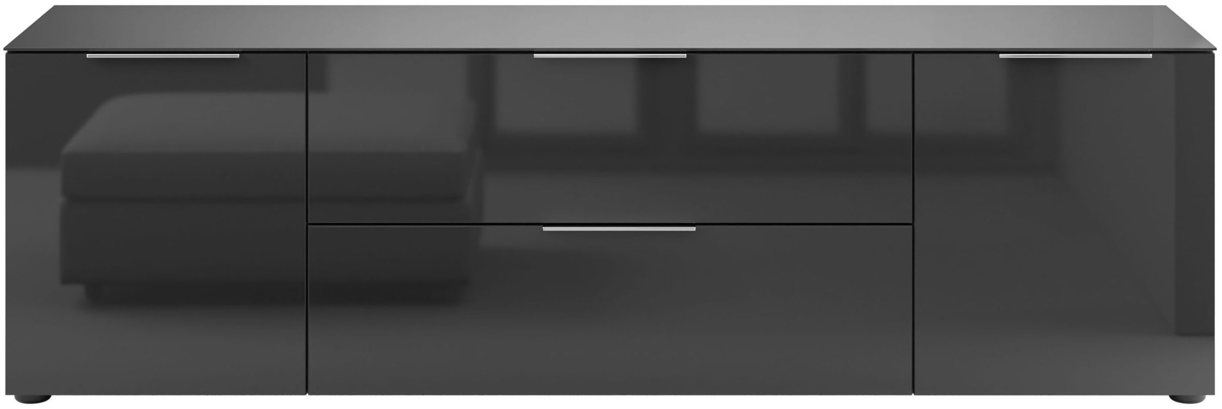 Manjana Möbel Lowboard "mit Chrom oder Schwarz matten Metallgriffen" mit Glasfronten, in zwei Breiten verfügbar, 180 cm oder 225 cm