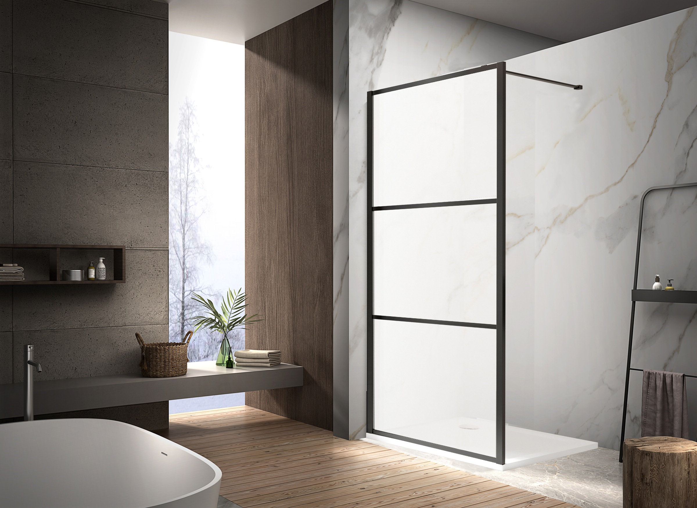 Thumbnail - welltime Walk-in-Dusche "Walk In Black Blocks Frosted" Milchglasscheiben