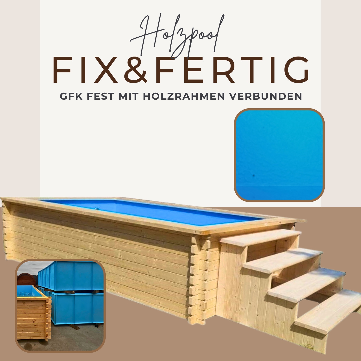 EDEN Holzmanufaktur Rechteckpool »Fix&Fertig«, (Set, 4 tlg.), inkl. blauem Einsatz, Dämmung, Einstiegstreppe & -Leiter, Wasserablauf
