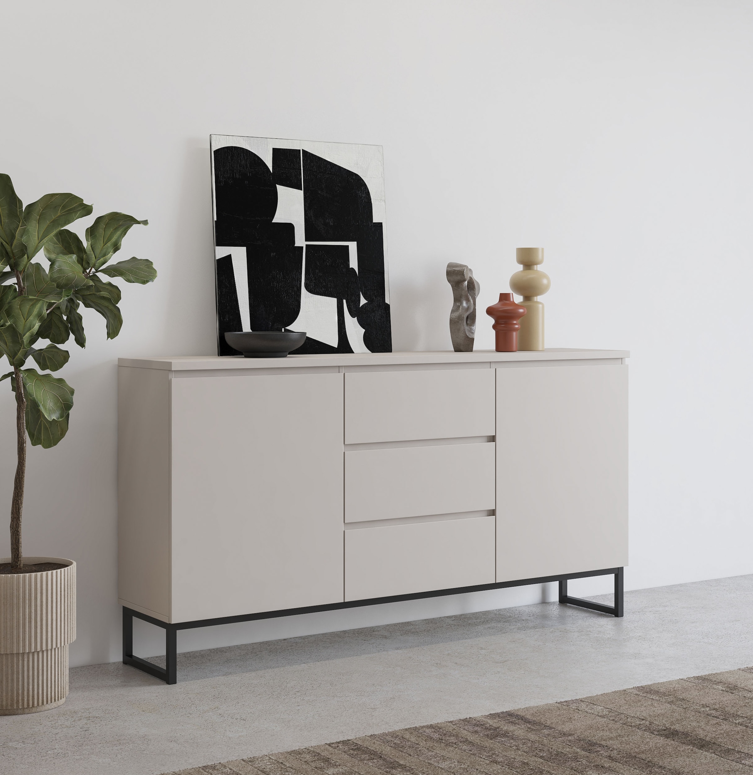 OTTO home Sideboard "Modo II, Breite 150 cm, moderne grifflose Kommode 2Türen/3 SK" Schubladenkommode viel Stauraum, Einlegeböden verstellbar, Metallkufen