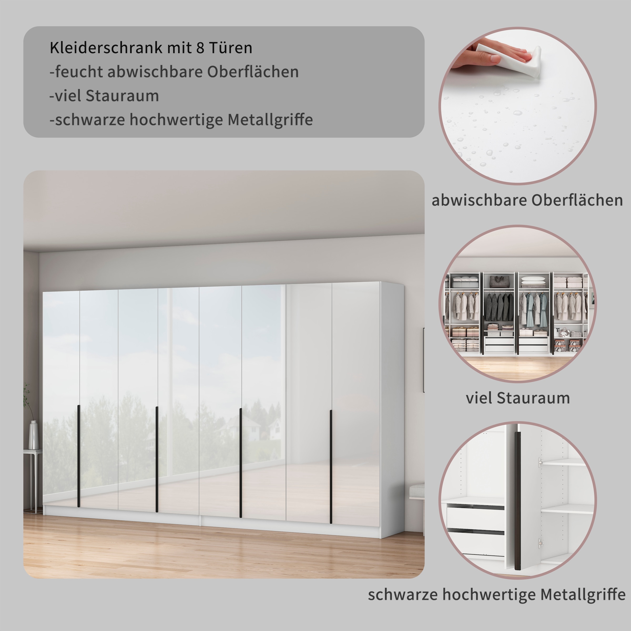 OTTO home Kleiderschrank »Annor Schlafzimmerschrank Breite 323 cm hochglanz Schrank Garderobe« Drehtürenschrank mit perfekter Innenausstattung - elegante Türgriffe