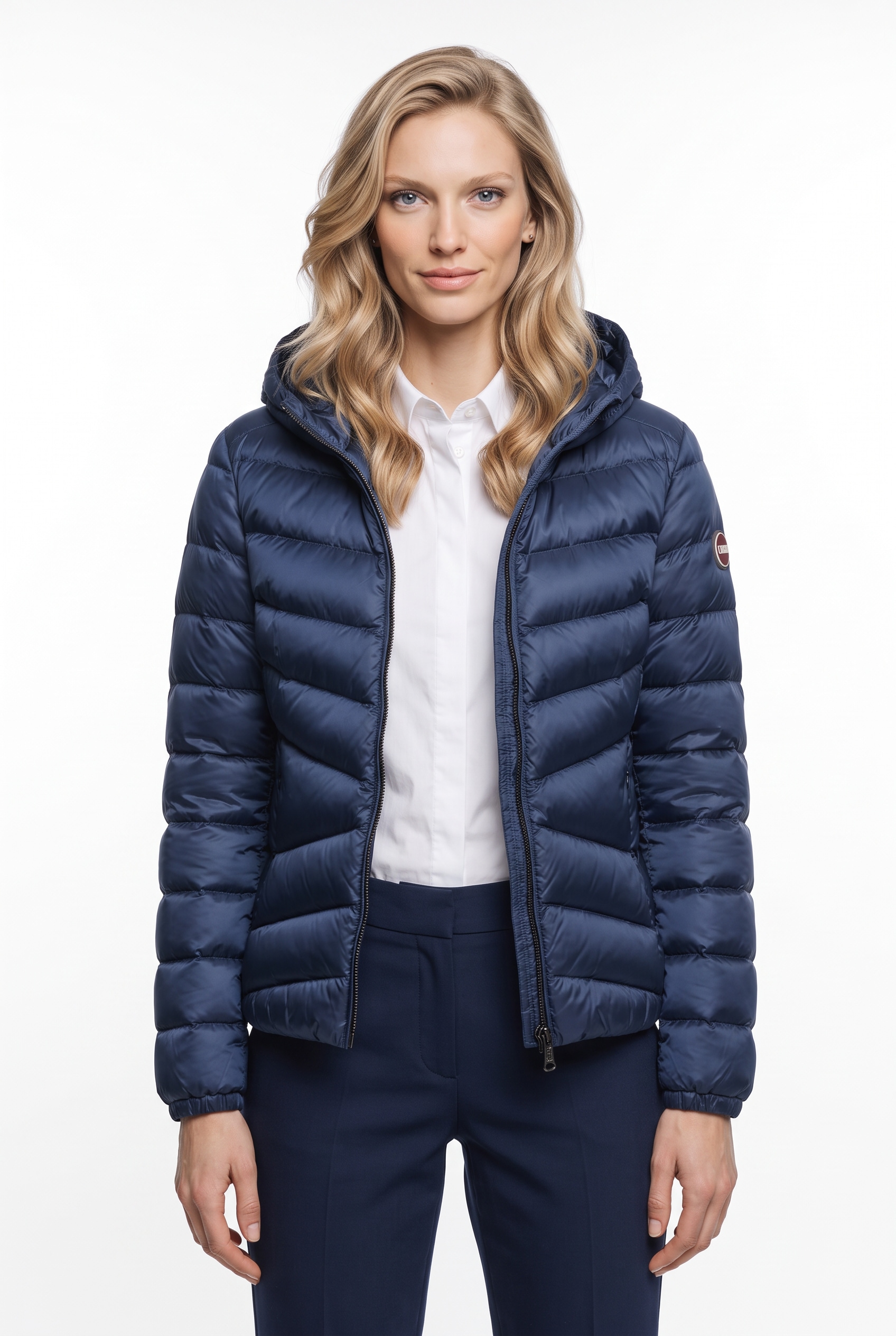 Colmar Daunenjacke mit Kapuze mit glänzendem Finish, schmale Passform, 2-Wege-Zipper