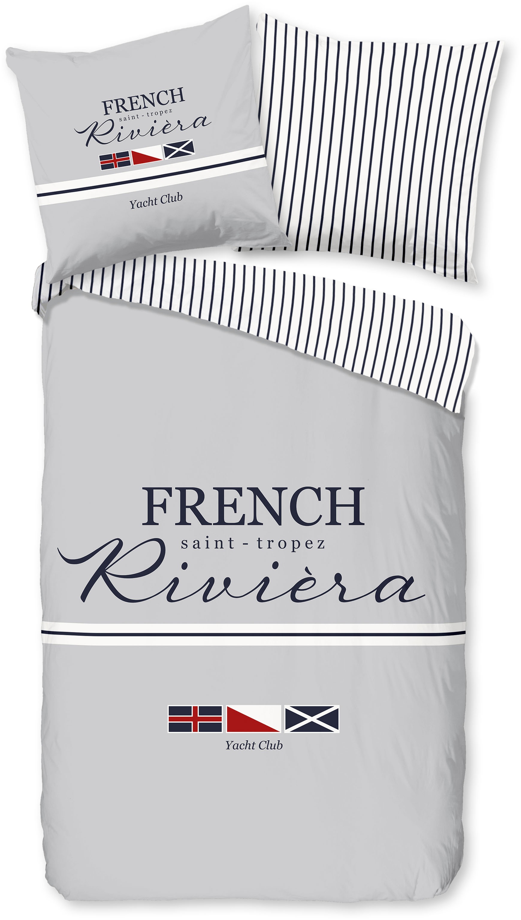 PURE luxury collection Wendebettwäsche "French" 2 Stk. Mikrofaser, Pflegeleicht, Reißverschluss, Wendeoptik, Maritim, Grau