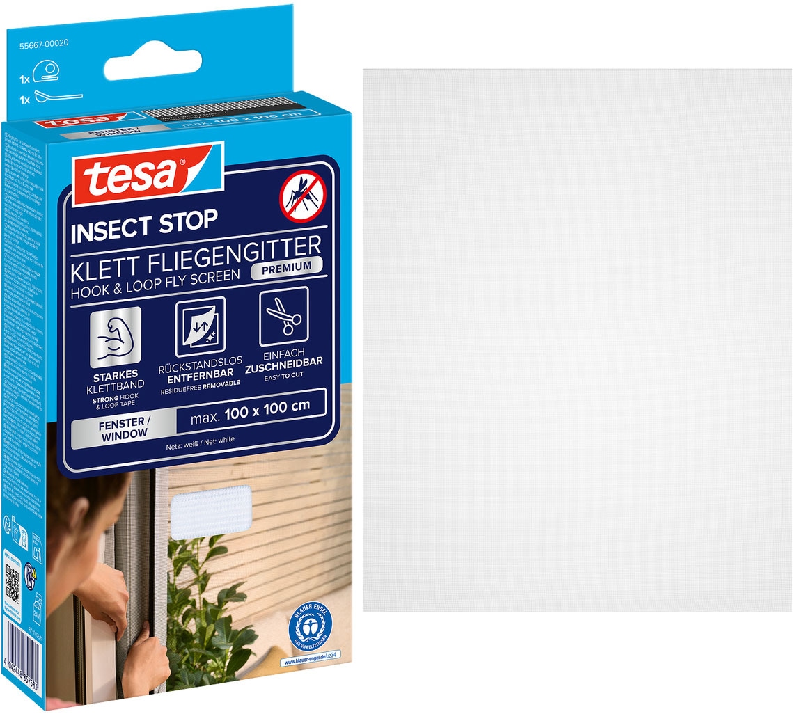 tesa Fliegengitter-Gewebe "Klett Fliegengitter Premium für Fenster, Insektenschutz mit Klettband" Packung, Fliegennetz, Klettband, Andrück und Schneidehilfe, 1 Stk. tlg. selbstklebende Insektenschutz - 100 cm x 100 cm