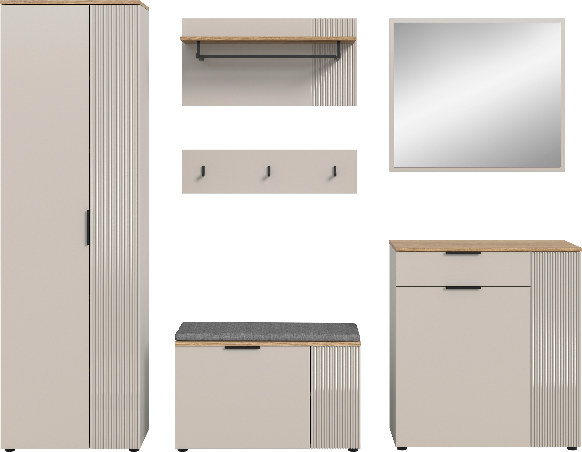 Thumbnail - Home affaire Garderoben-Set "EDIL, Breite 250 cm, 6-teilig, Front mit hochwertiger Längstfräsung" Set, Hochschrank, Sitz...