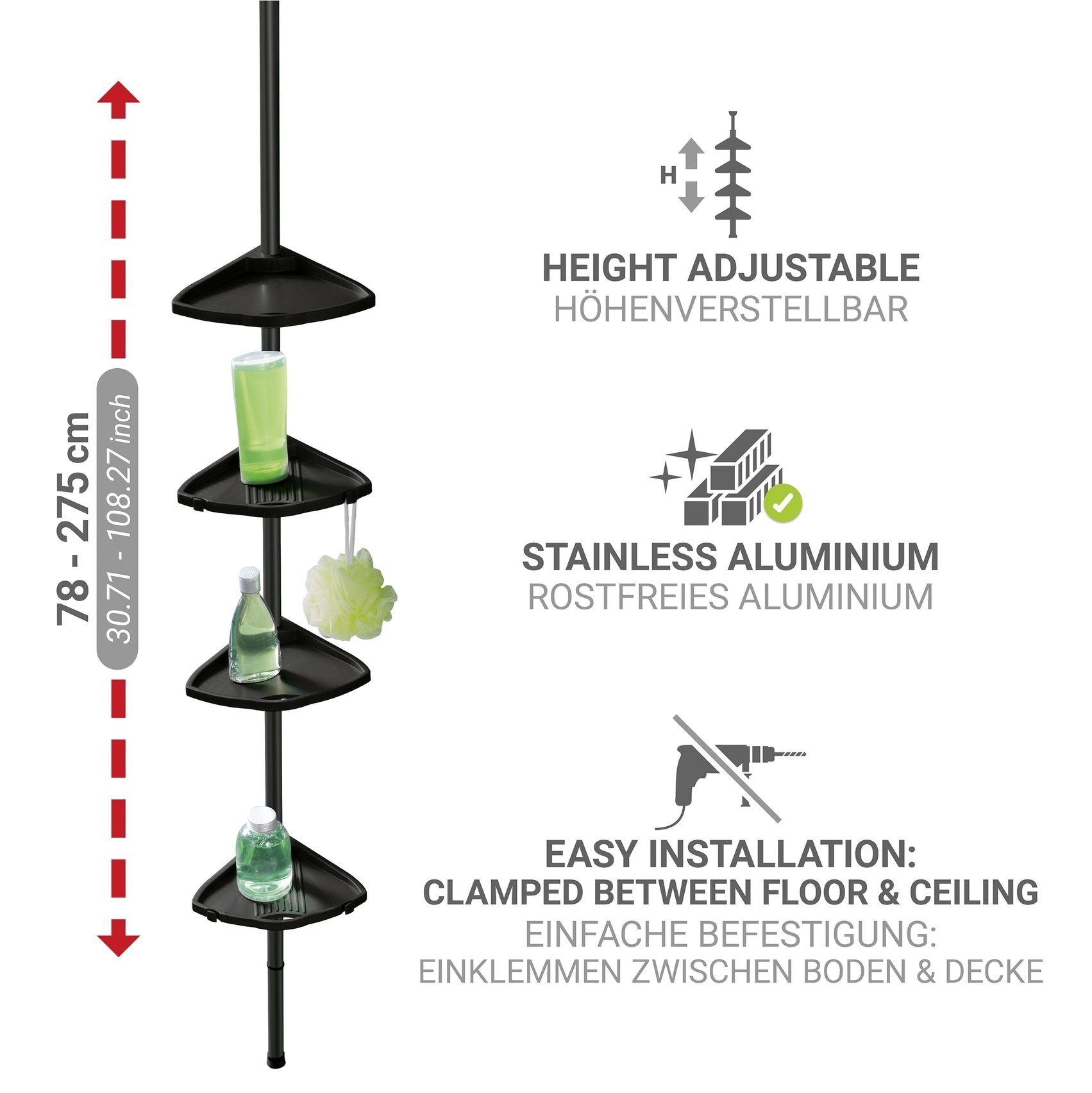 WENKO Duschregal »Compact« Eckregal mit 4 Ablagen und 8 Haken, Montage ohne Bohren, Aluminium