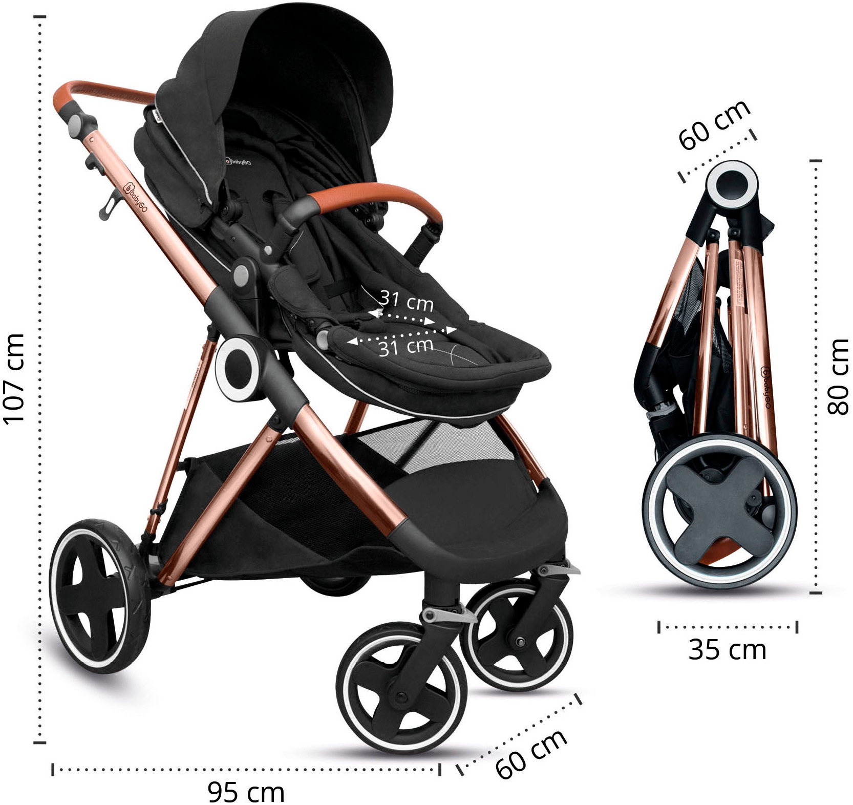 BabyGo Kombi-Kinderwagen »Halime 3in1« inklusive Babywanne, Babyschale, Regenhaube & Wickeltasche