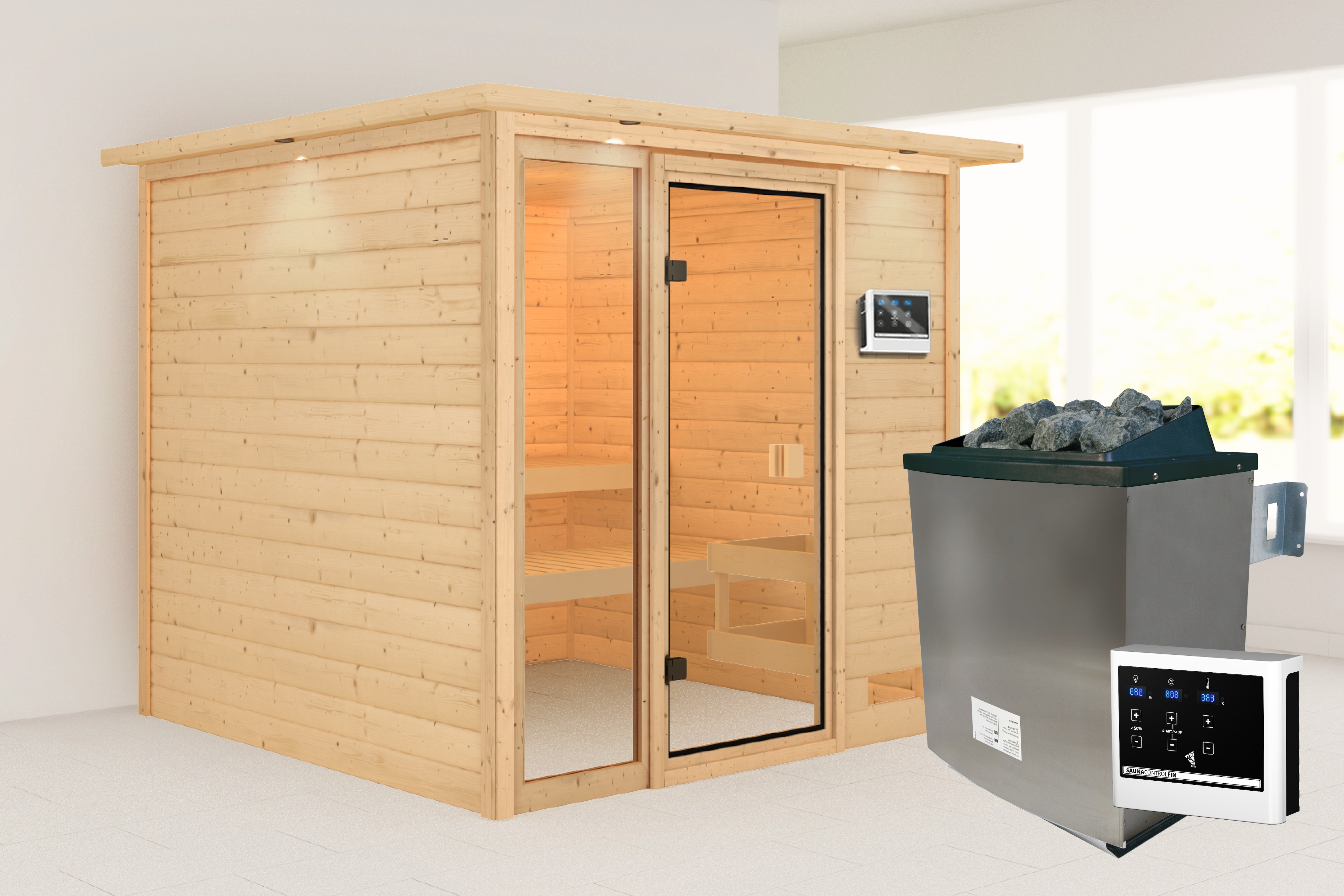 Karibu Sauna ""Jackie" mit bronzierter Tür und Kranz, naturbelassen" aus hochwertiger nordischer Fichte