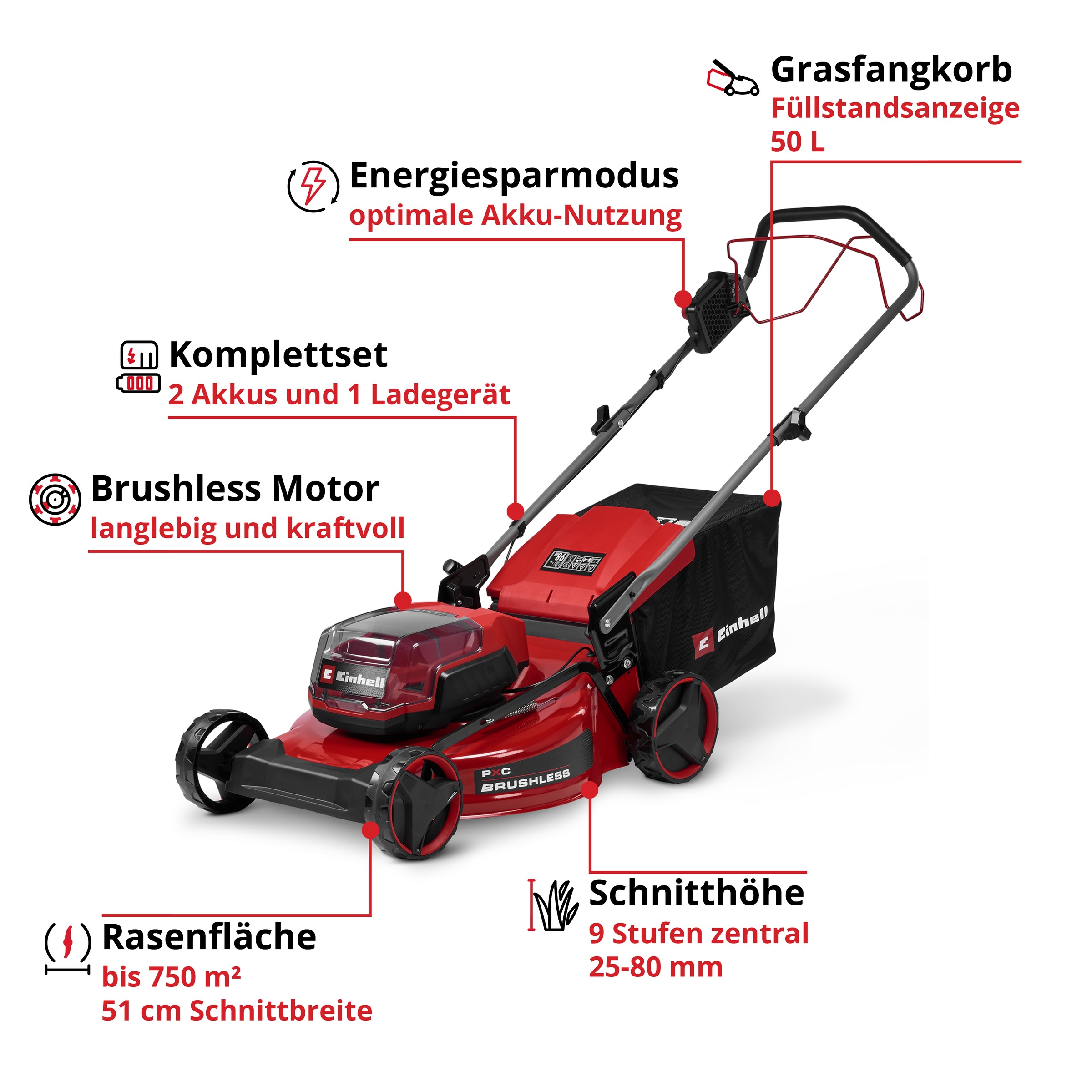 Einhell Akkurasenmäher »GC-CM 36/51 S Li BL (2x5,2Ah)« Inkl. 2 Akkus und Twincharger