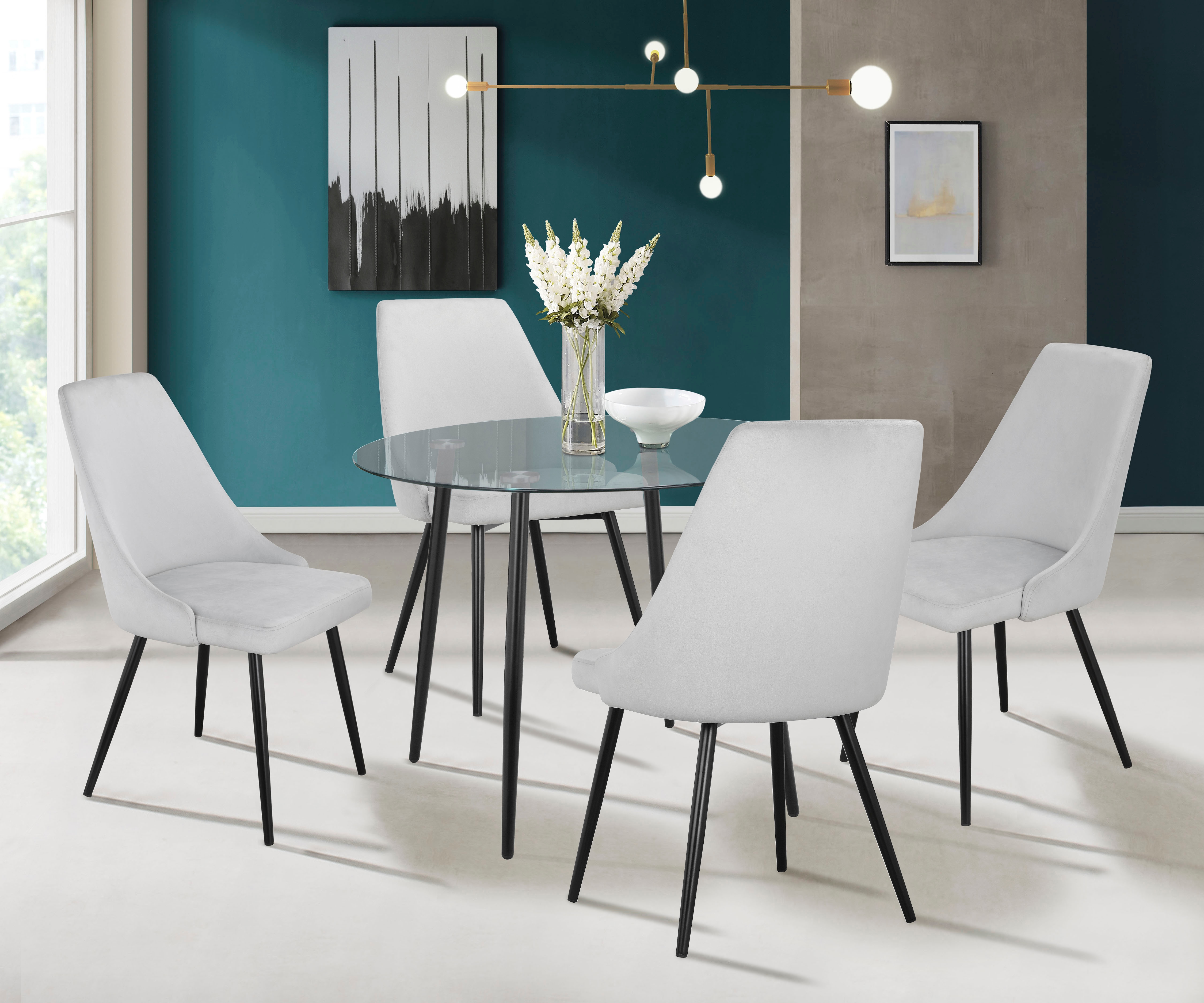 OTTO home "Danny-Malio" Set, Set 100 cm, 5 Stk. tlg. Glastisch 100x100 cm mit 4 Stühlen (Veloursstoff), Gestell aus Metall