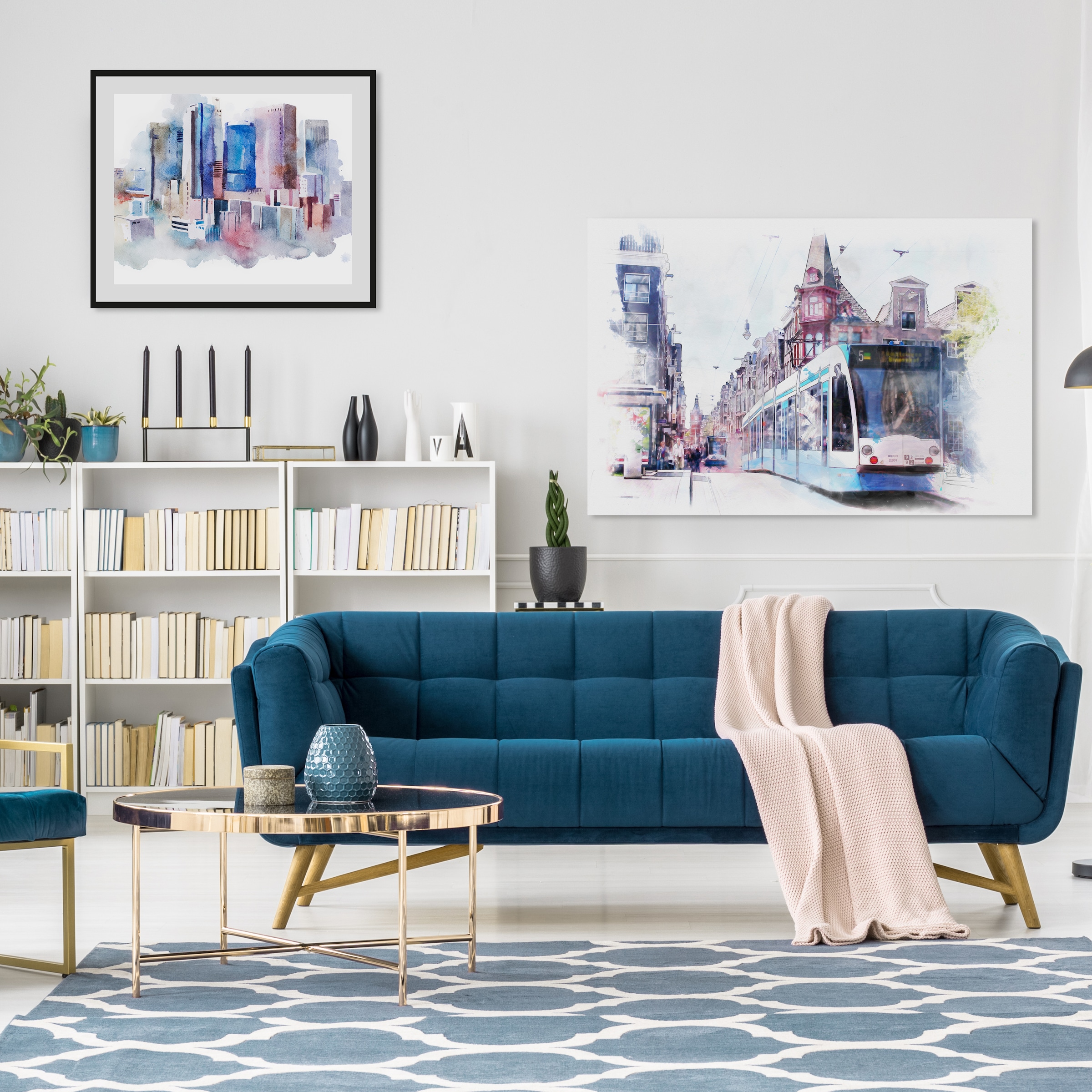 queence Bild »Stadt in Aquarellfarben«, Städte-Stadt-Gebäude-Kunst-Himmel, HD Premium Poster-Druck inkl. Holzrahmen