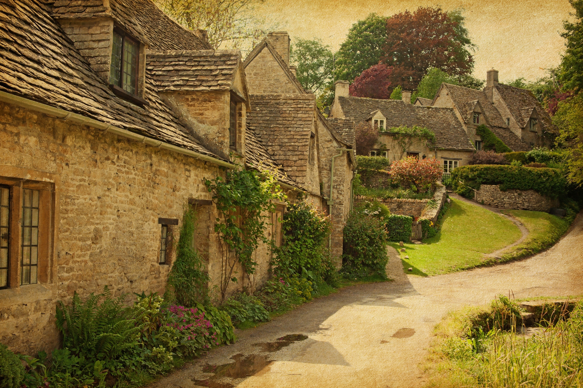 Papermoon Fototapete "COTSWOLD HÄUSCHEN-ALT DORF ALTSTADT MAUER ZIEGEL STEINE"