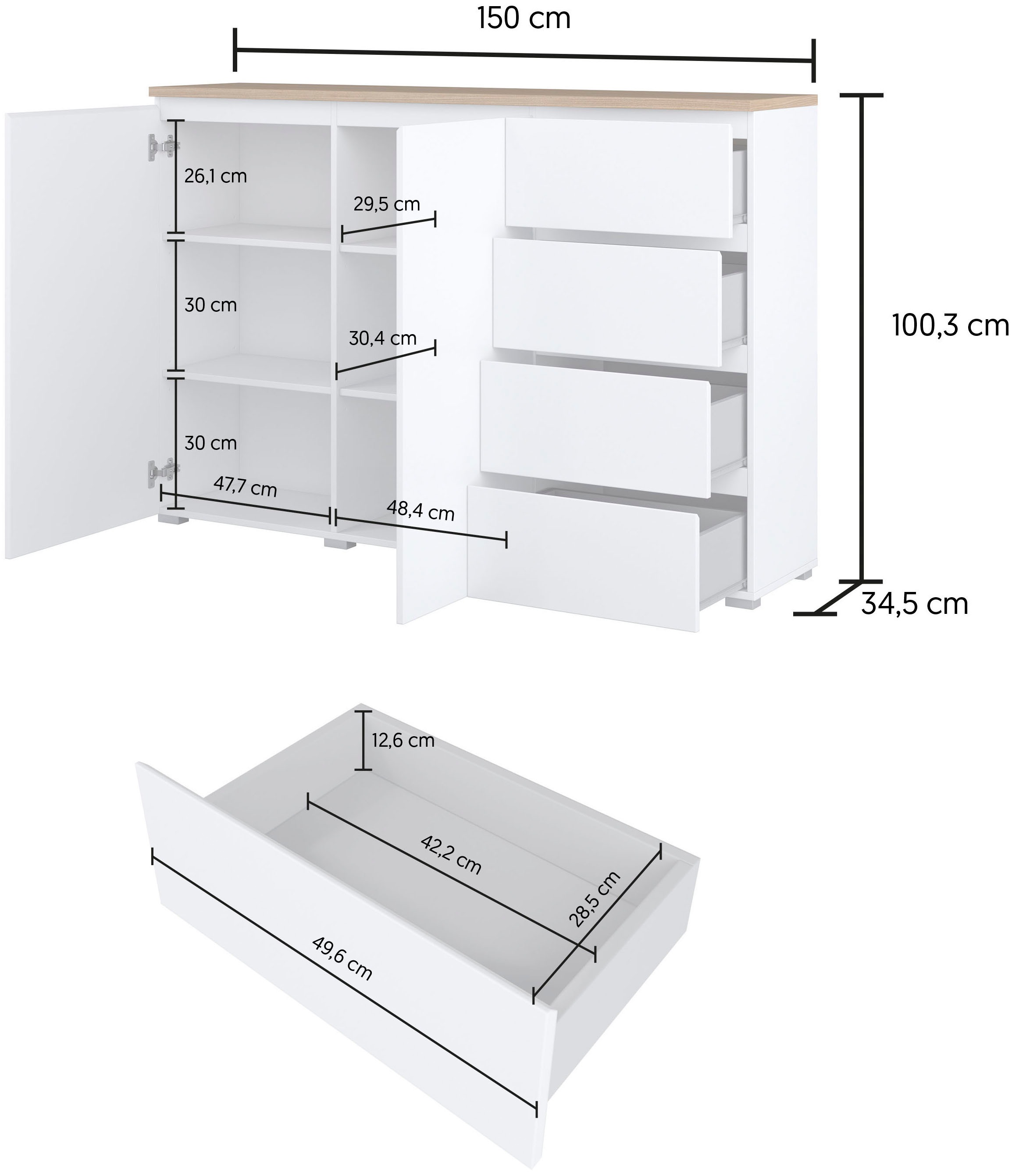INOSIGN Highboard »Modo, Breite 150 cm, moderne grifflose Kommode 2Türen/4 SK«, Schubladenkommode mit viel Stauraum, Einlegeböden verstellbar