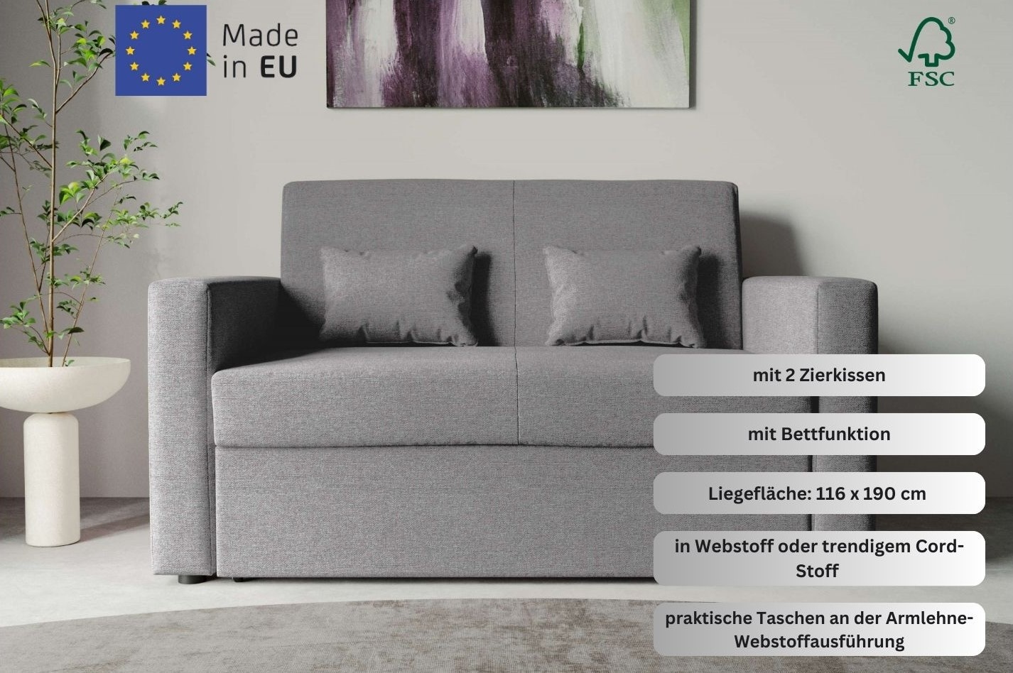 INOSIGN Schlafsofa »Ravena, Breite 146 cm, mit Bettfunktion«, kompaktes 2-Sitzer Sofa, Webstoff, Cord