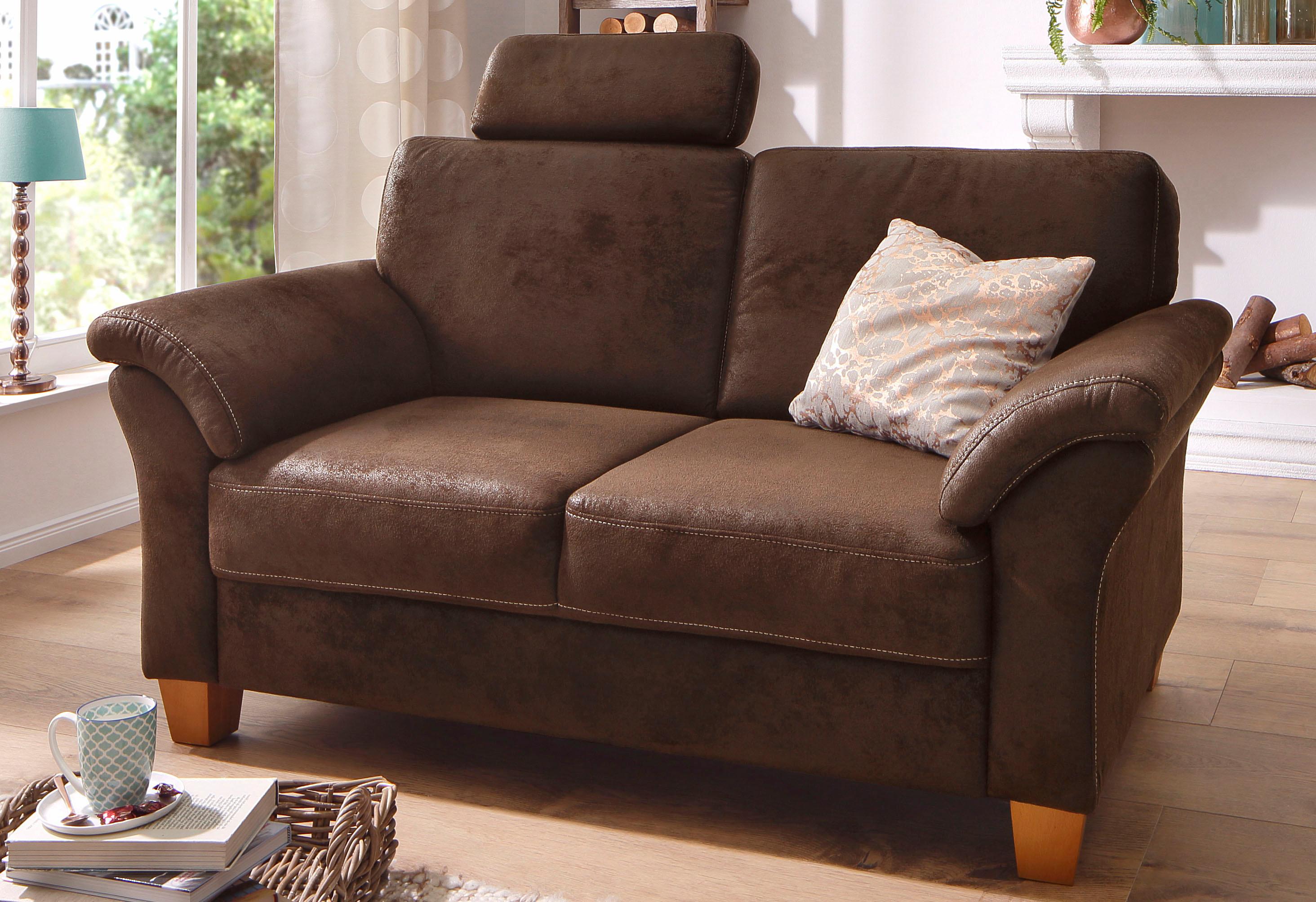 OTTO home 2-Sitzer "Borkum, B: 156 cm, Federkern-Polsterung, Landhausstil, Sitzhöhe 46 cm" Kopfstützen nachrüstbar, Wellenunterfederung, Massivholzfüße