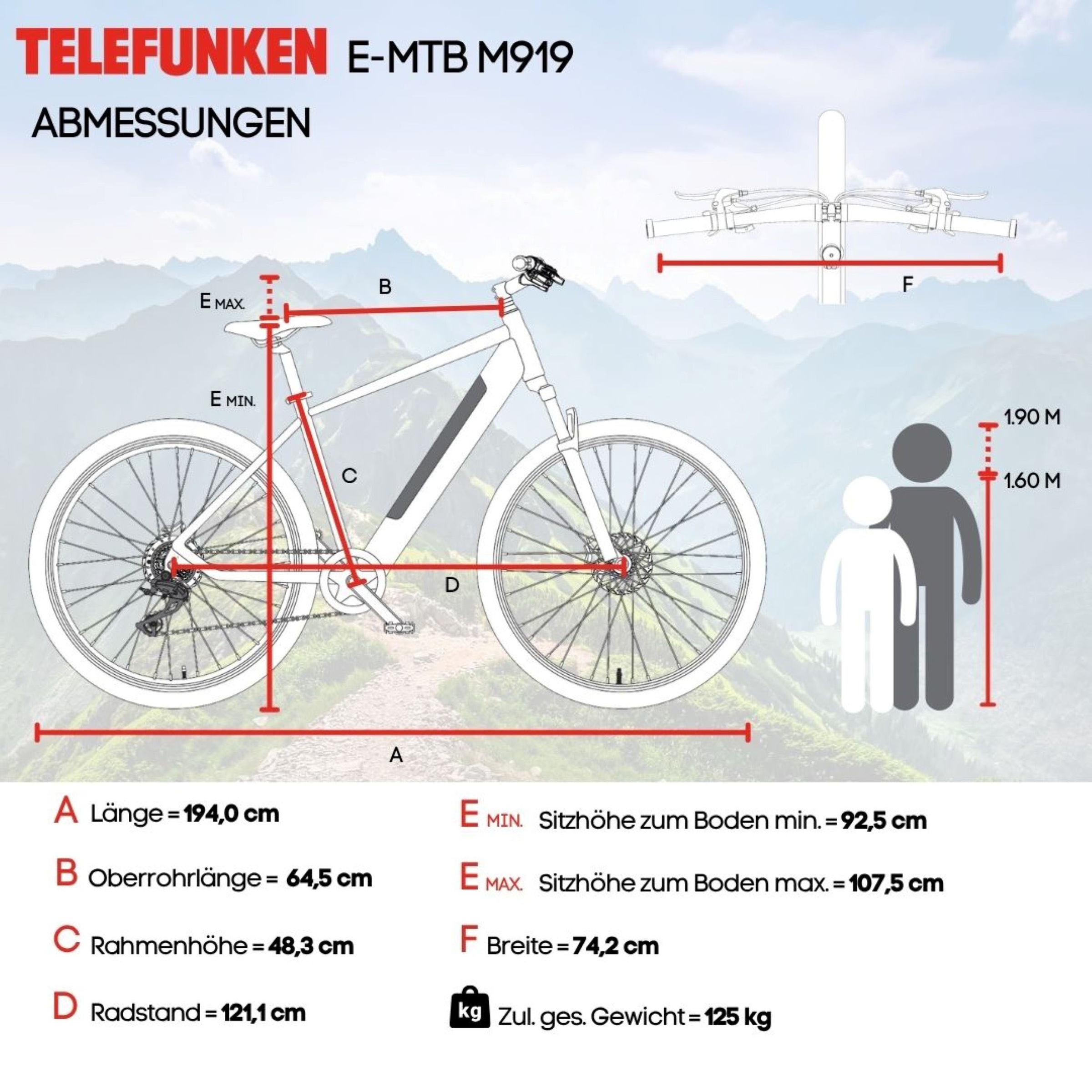Telefunken E-Bike »E-MTB Aufsteiger M919«, 7 Gang, Shimano, Tourney, Heckmotor 250 W, Pedelec, Elektrofahrrad, Damen u. Herren, E-MTB, Mountainbike, 29 Zoll