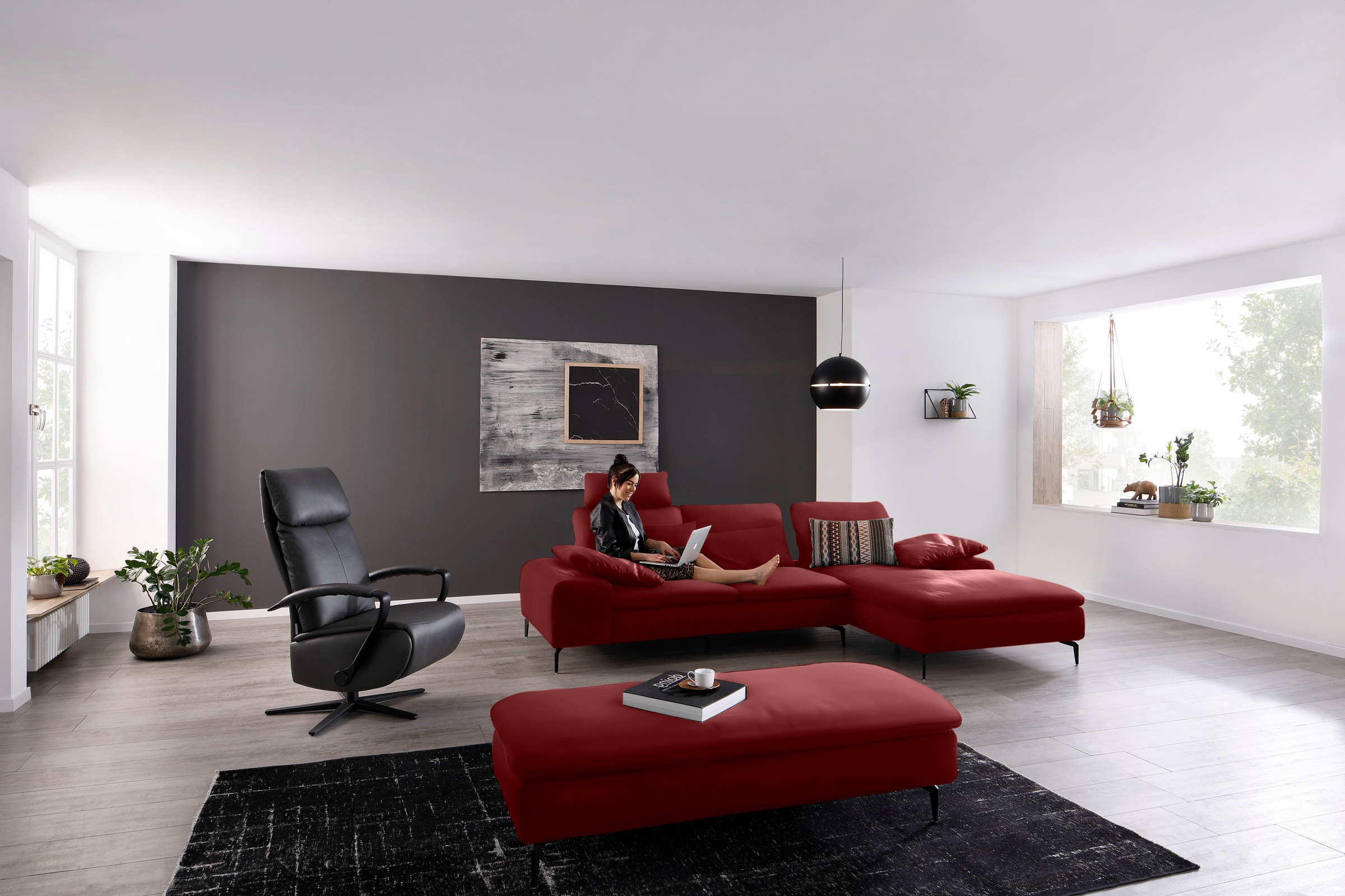 W.SCHILLIG Ecksofa »valentinoo, Designsofa, bequem, elegant und zeitlos, L-Form«, (Set), inklusive Hocker, mit Sitztiefenverstellung, Breite 299 cm