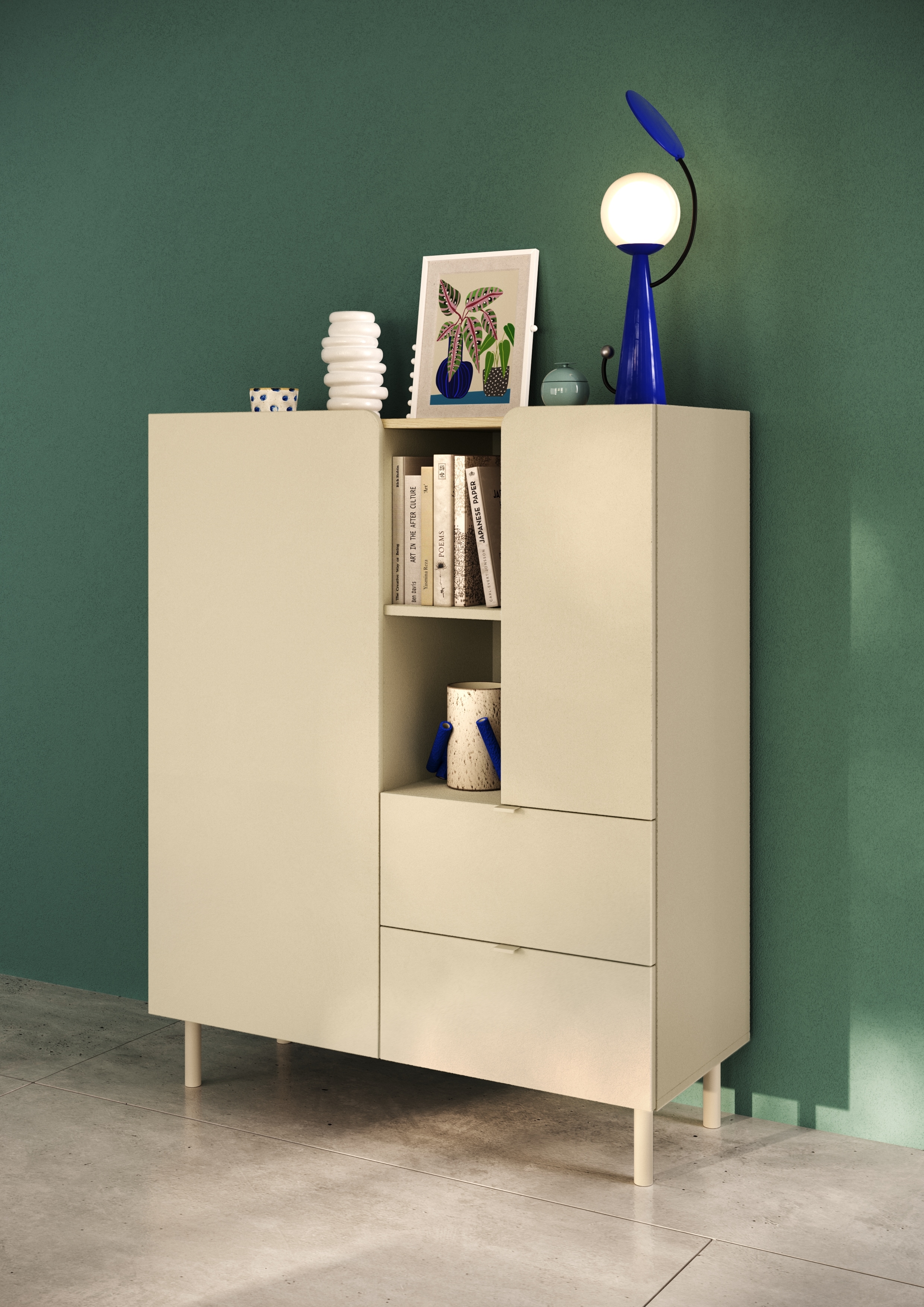 OTTO home Highboard "Dobbiaco, B/H 101/124 cm, 2 Türen, 2 Schubkästen, Stauraumschrank" Innenliegendes Top, gerade Metallfüße, Tür mit Rundung