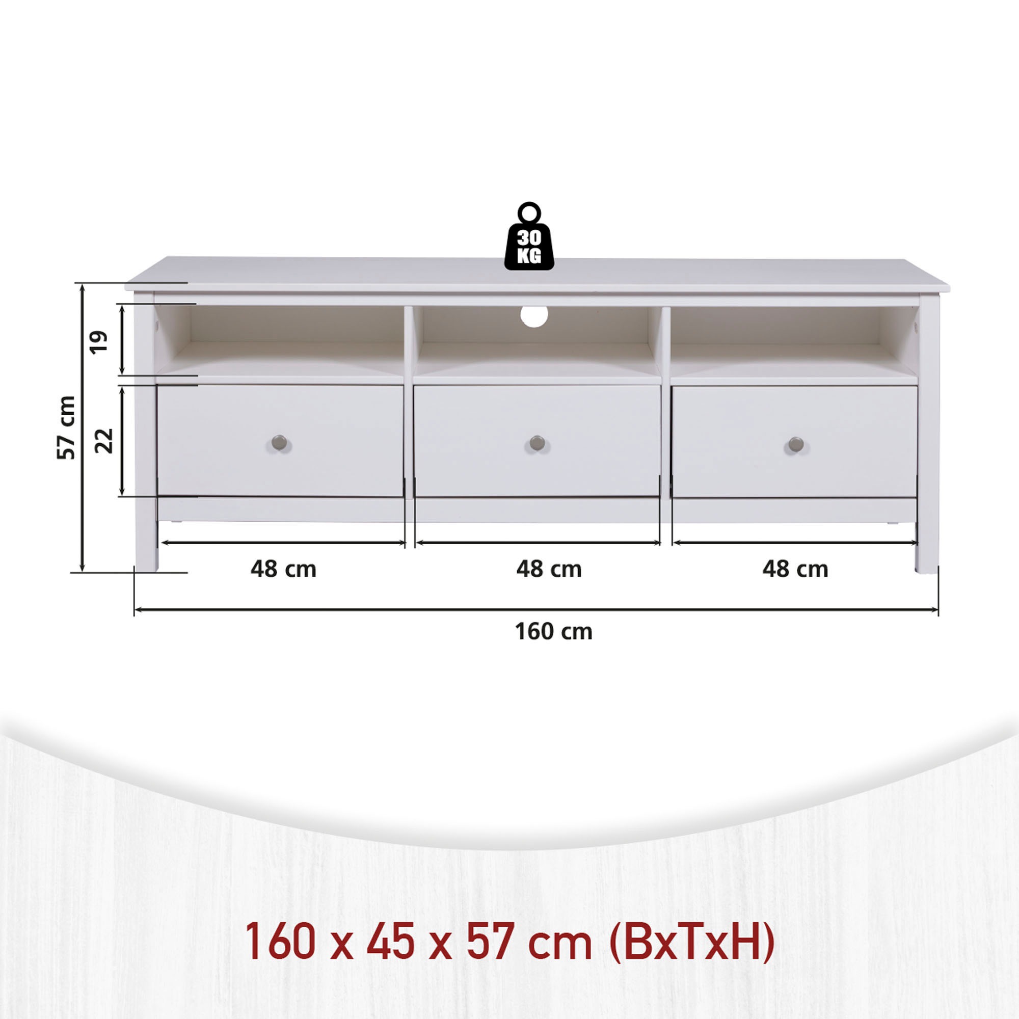 Inter Link TV-Board »Pinora, Kiefer Massivholz, Weiss, 160 x 45 x 57 cm, viel Stauraum« 1 Stk. tlg. TV Lowboard im modernem Skandi Look, 3 Schubladen, Kabeldurchführung