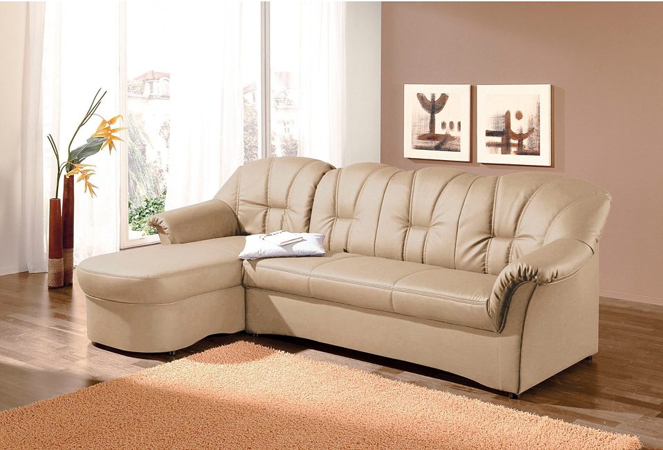 DOMO collection Ecksofa "Papenburg, zeitlose Rückensteppung, elegante Formensprache, L-Form" in großer Farbvielfalt, wahlweise mit Bettfunktion