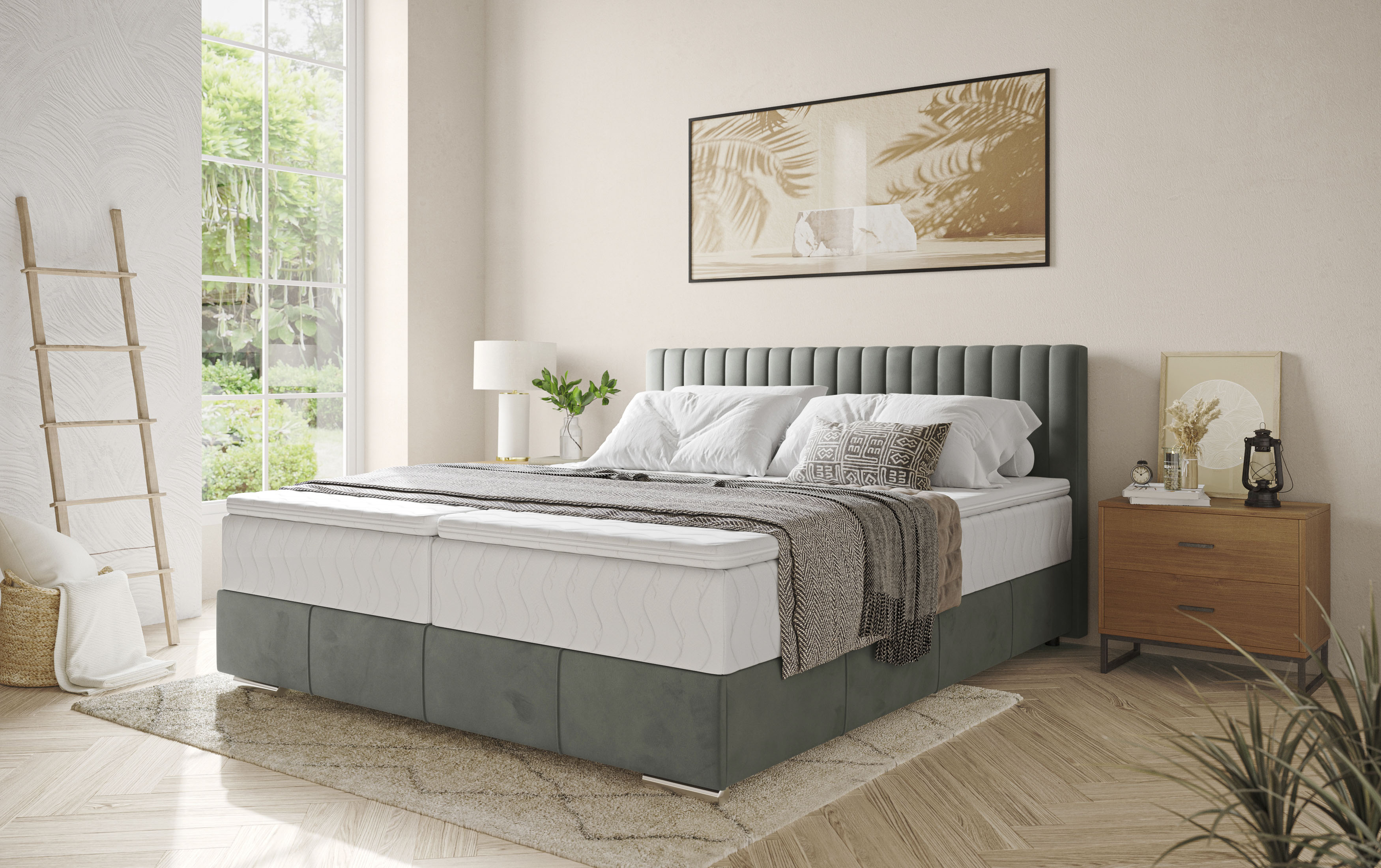 Boxbett INOSIGN, B:186cm L:208cm, grau, Polyester, Komplettbetten, "Thor mit Bettkasten, inkl. Matratze, Topseller", Topper und Zierkissen, in